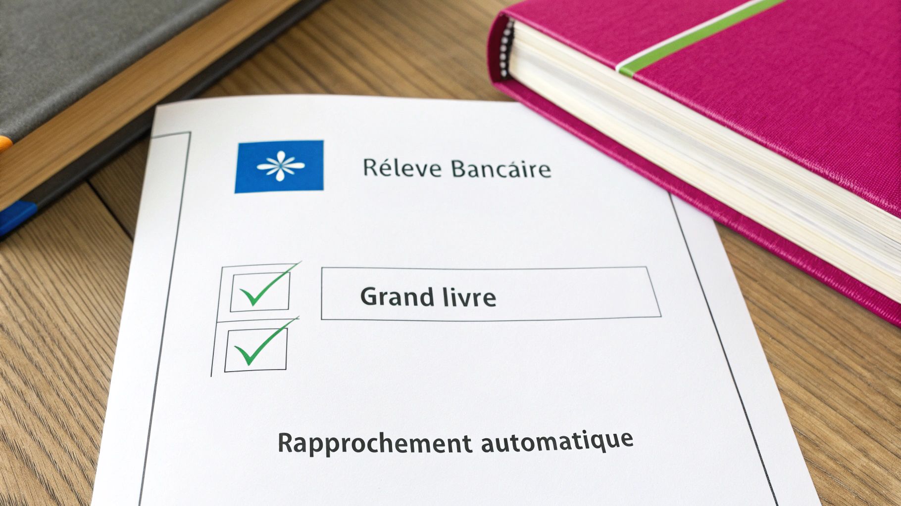 Document financier affichant un relevé bancaire, un grand livre et un rapprochement automatique sur une table en bois.