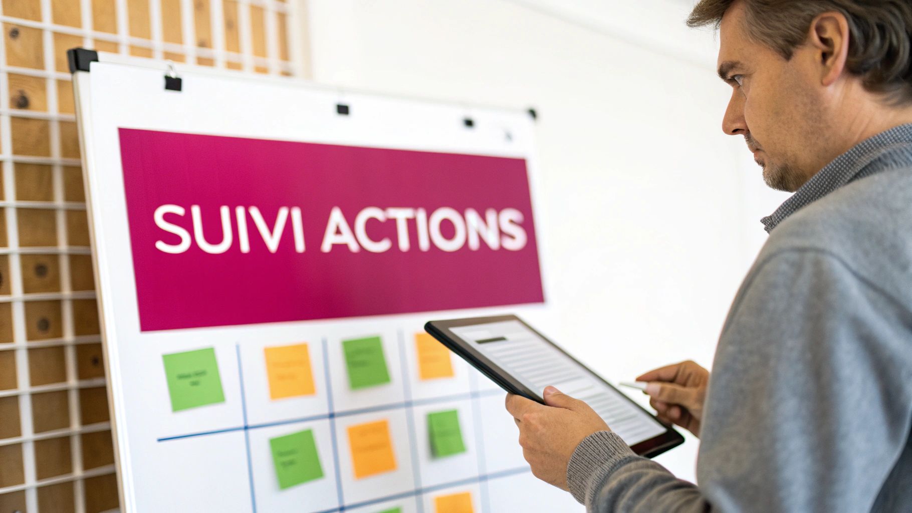 Un homme utilise une tablette devant un tableau blanc affichant "SUIVI ACTIONS" et des post-it.