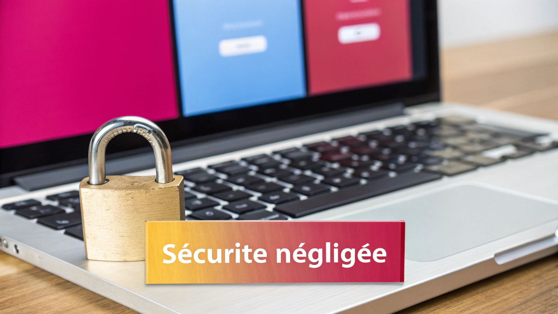 Un cadenas sur un ordinateur portable affichant des champs de connexion et un panneau 'Sécurité négligée'.