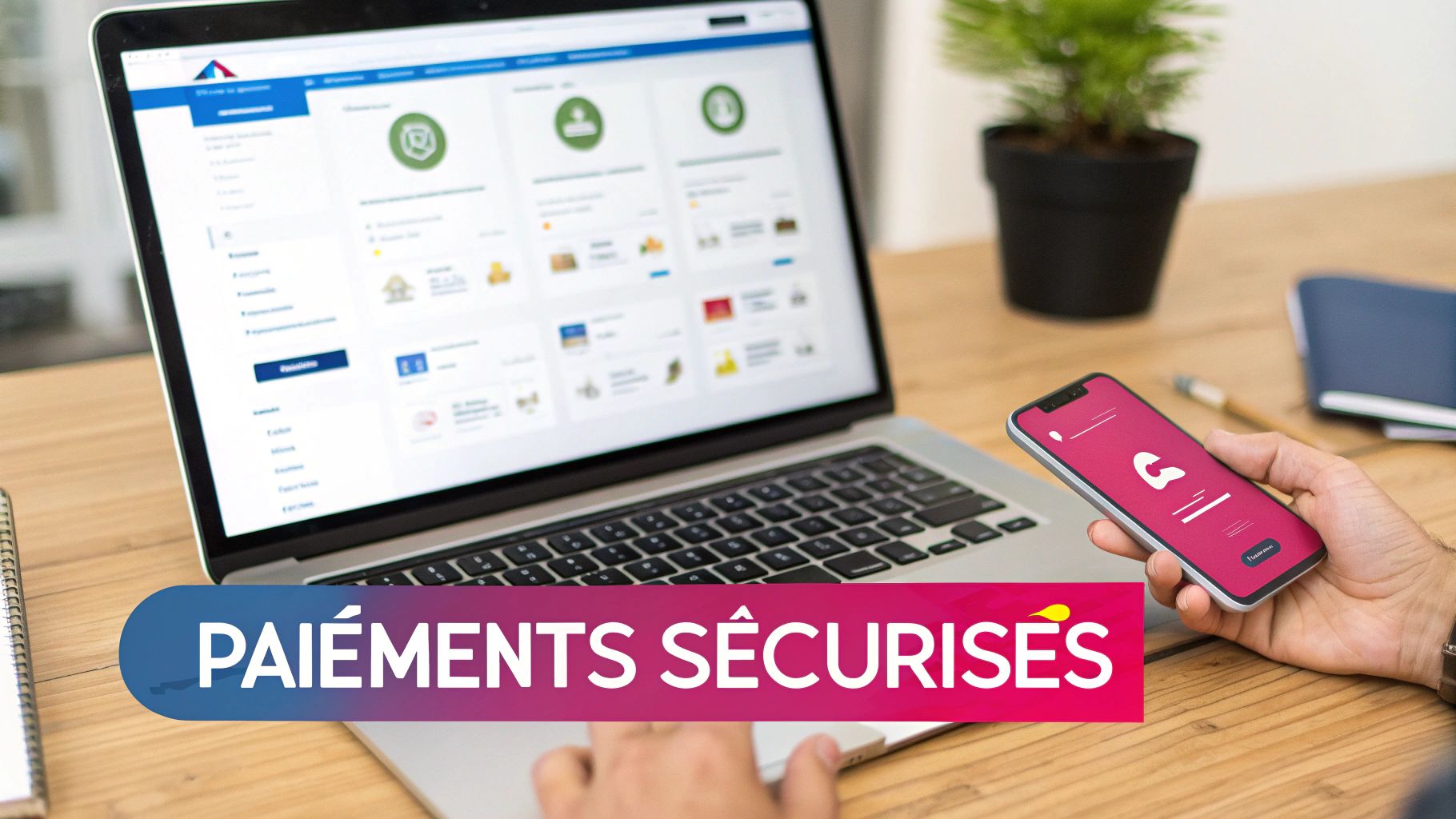 Interface d'une plateforme de crowdfunding sur ordinateur portable avec un smartphone affichant un écran de paiements sécurisés.