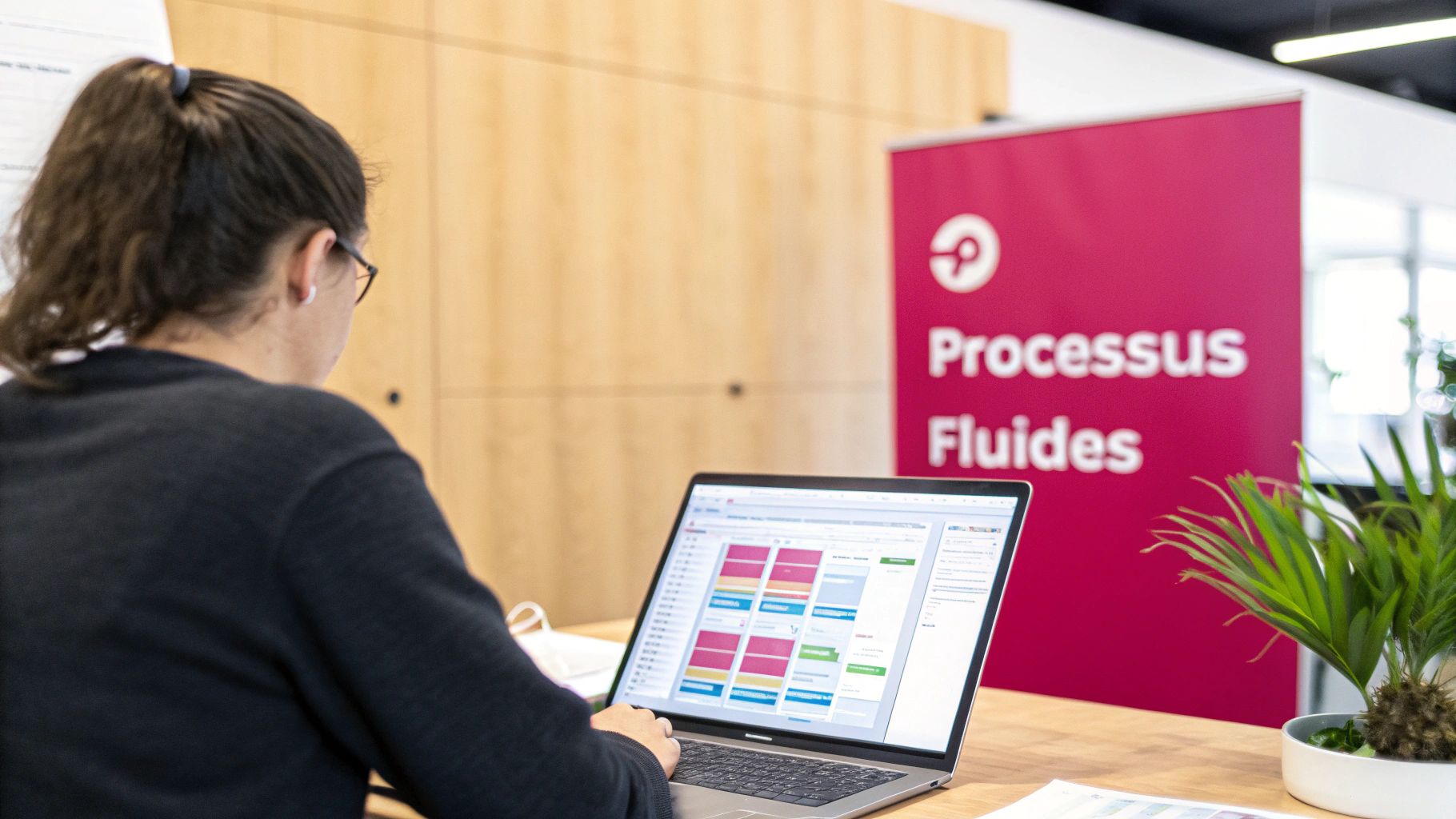 Une personne travaille sur un ordinateur portable, avec un écran affichant des graphiques. En arrière-plan, une bannière rose avec le texte 'ProcessuS Fluides' et une plante.