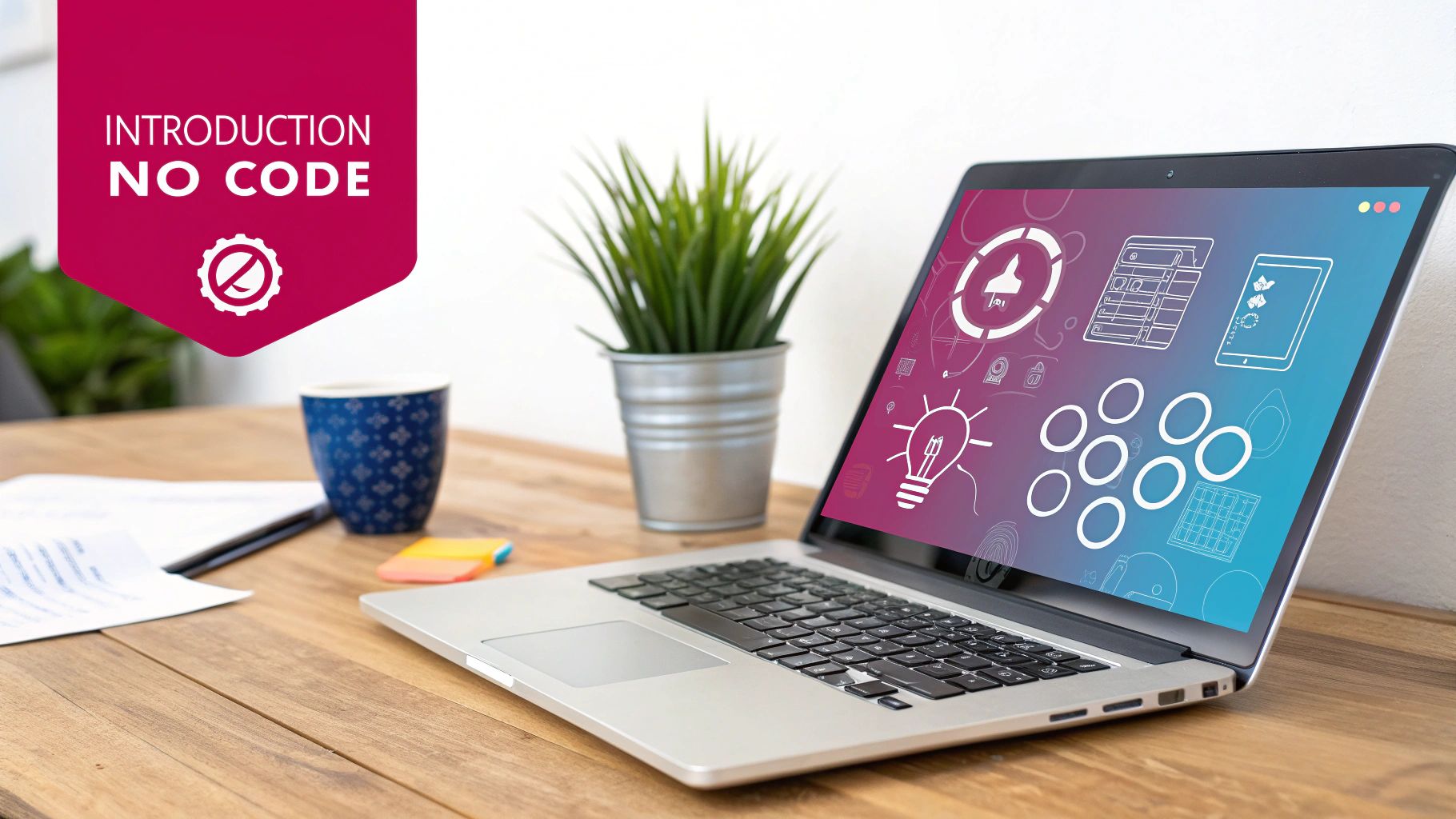 L'image d'un robot humanoïde tenant un ordinateur portable, suggérant le concept de développement sans code.