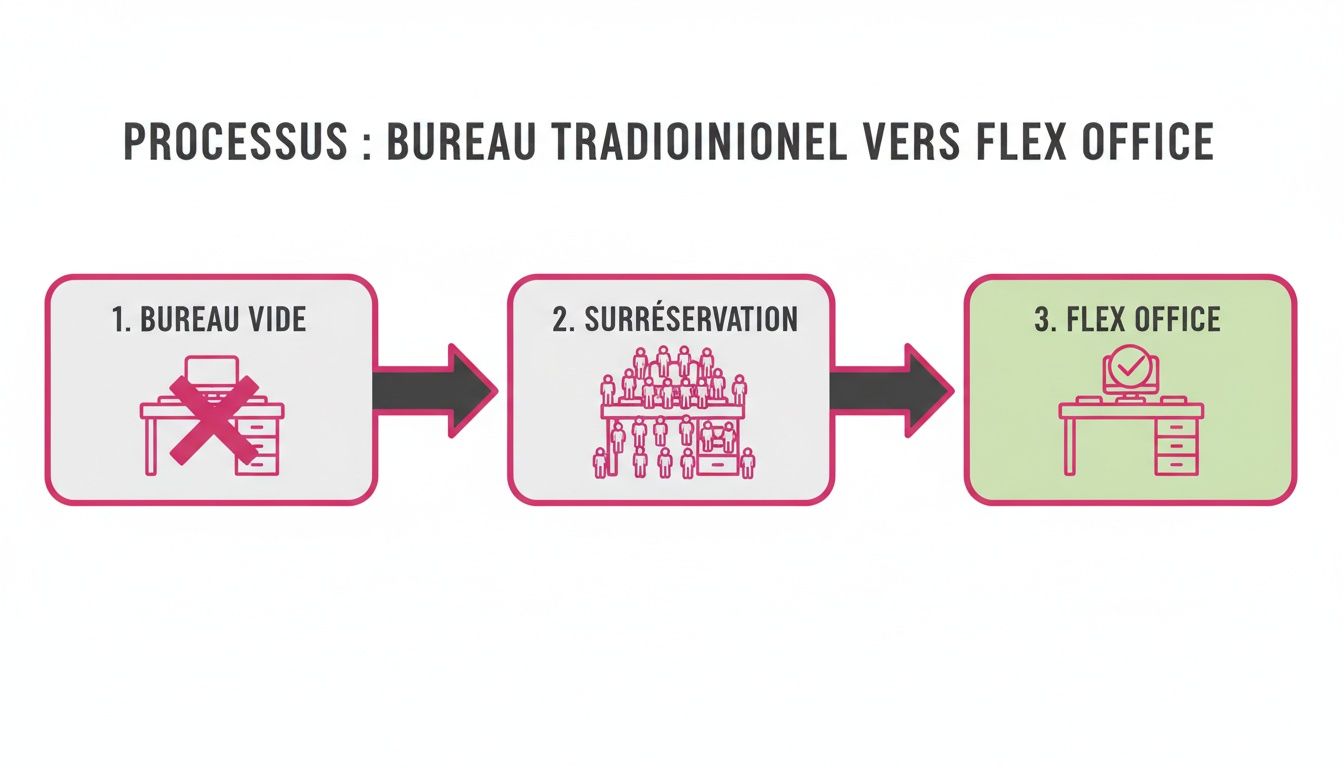 Un diagramme illustrant le processus de transition d'un bureau traditionnel vide vers le flex office, en passant par la surréservation.