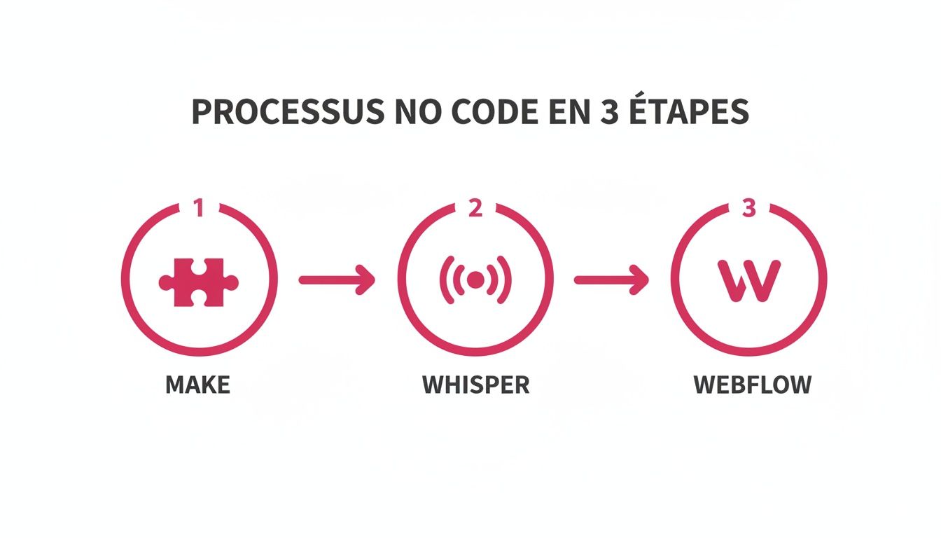 Diagramme du processus No Code en 3 étapes : Make (puzzle), Whisper (ondes), et Webflow (W), reliés par des flèches.