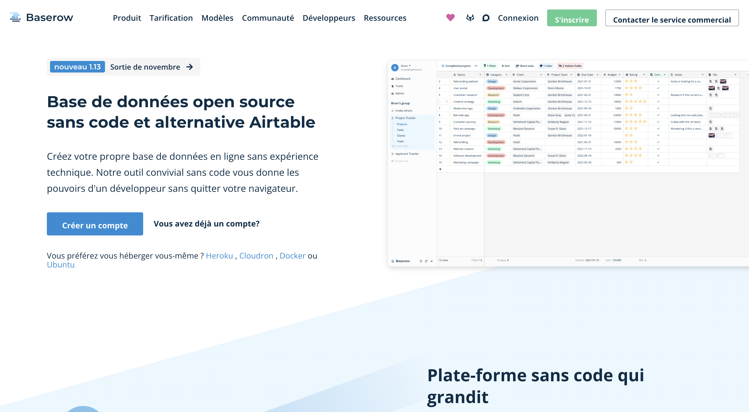 Baserow home website : no code and open source