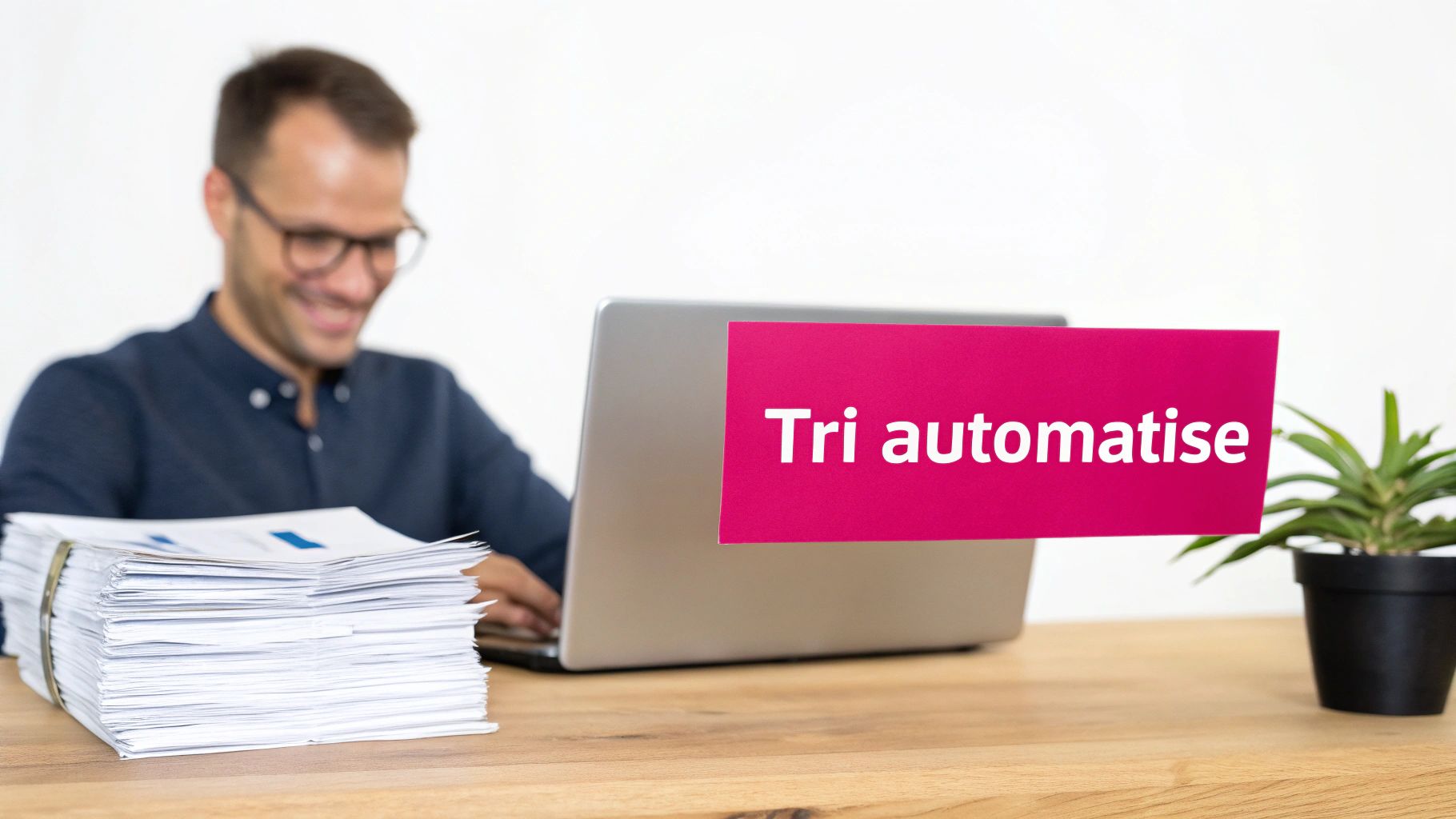 Un homme souriant travaille sur un ordinateur portable, avec une pile de documents et une pancarte 'Tri automatisé'.