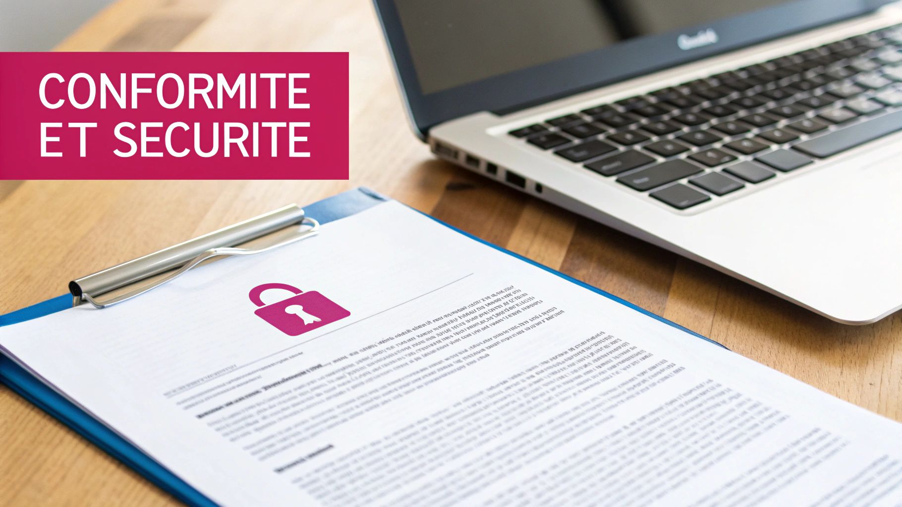 Document avec cadenas rose sur presse-papiers, ordinateur portable, et texte 'CONFORMITE ET SECURITE'.