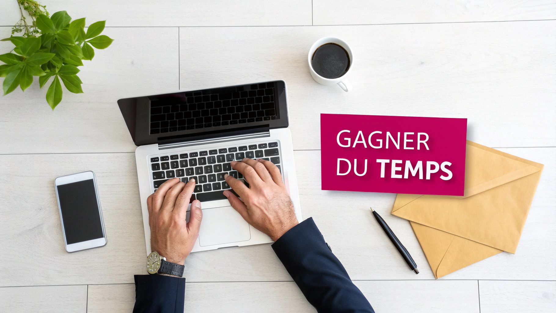 Homme d'affaires travaillant sur ordinateur portable avec carte 'Gagner du temps' pour automatiser les tâches administratives