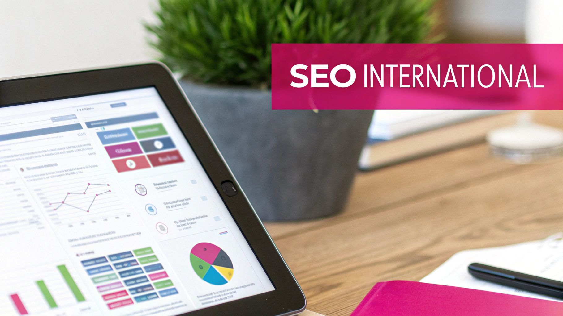 Une tablette numérique sur un bureau en bois, affichant des données et des graphiques SEO avec le texte 'SEO INTERNATIONAL'.