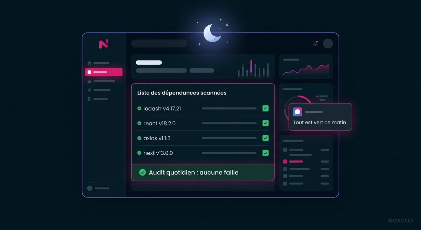 Tableau de bord de l'agent de veille sécurité la nuit : dépendances scannées, audit quotidien sans faille détectée