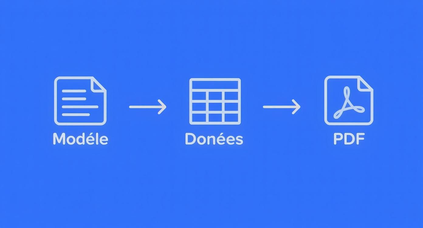 Diagramme montrant le processus de fusion de modèle avec données pour générer un document PDF
