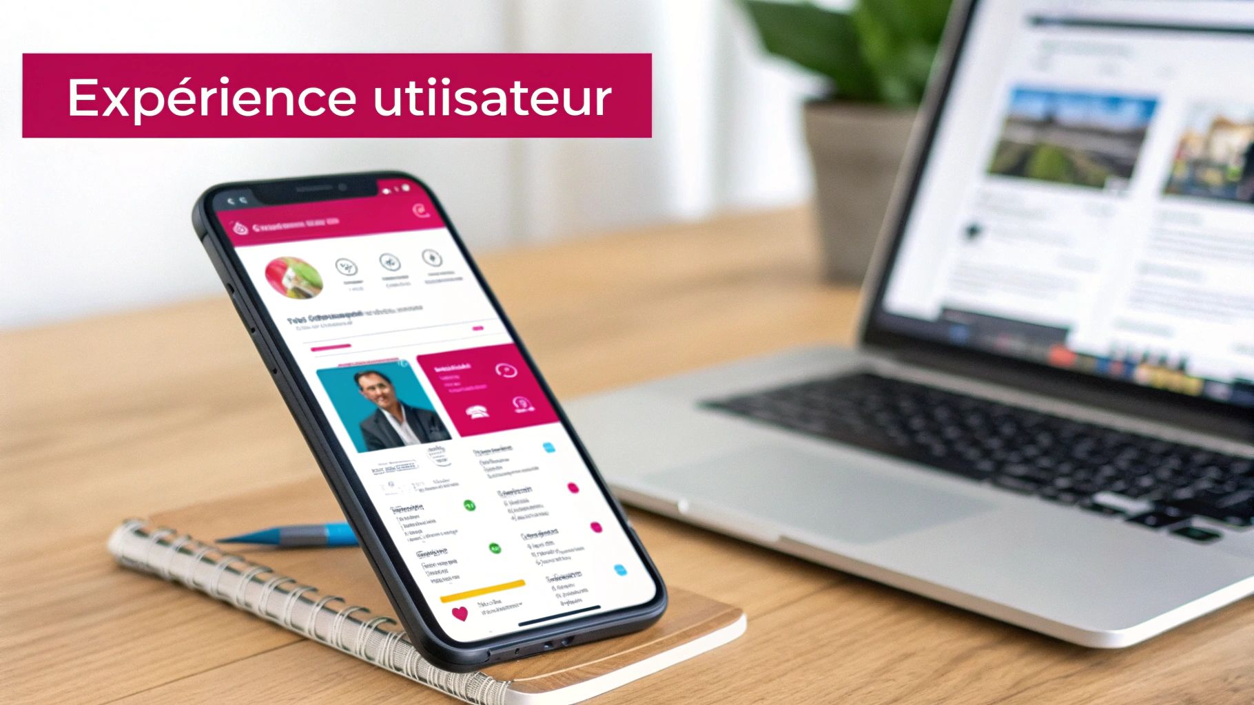 Un smartphone affichant une application, un ordinateur portable et un bloc-notes sur une table en bois, avec le titre "Expérience utilisateur".