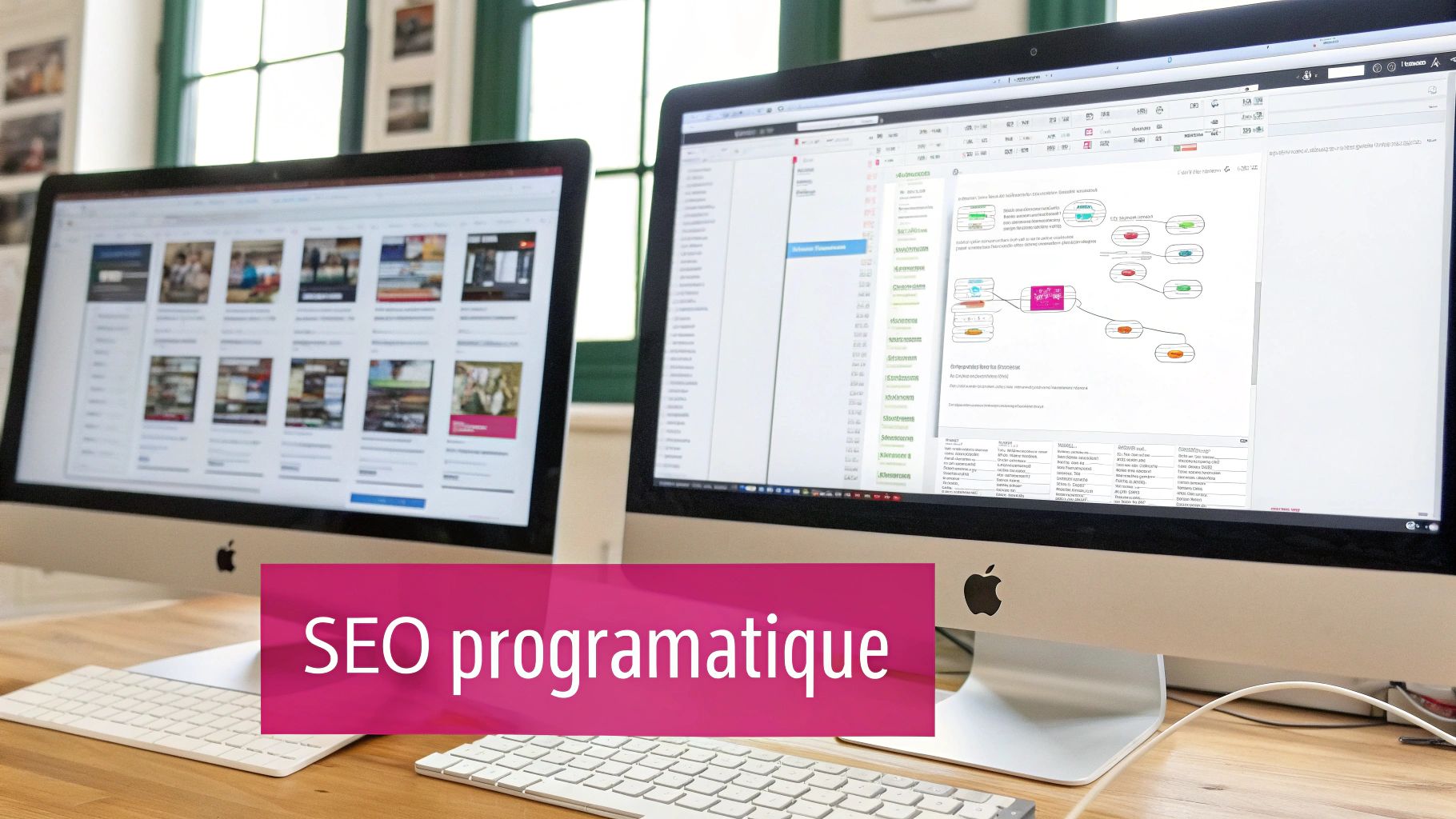 Deux iMacs sur un bureau en bois, affichant des interfaces numériques pour le SEO programatique.