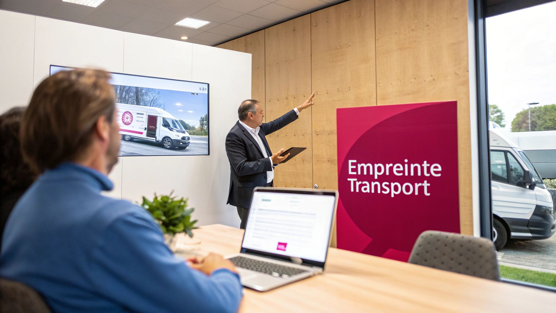 Homme d'affaires présentant une solution de transport durable sur écran, devant un public attentif.