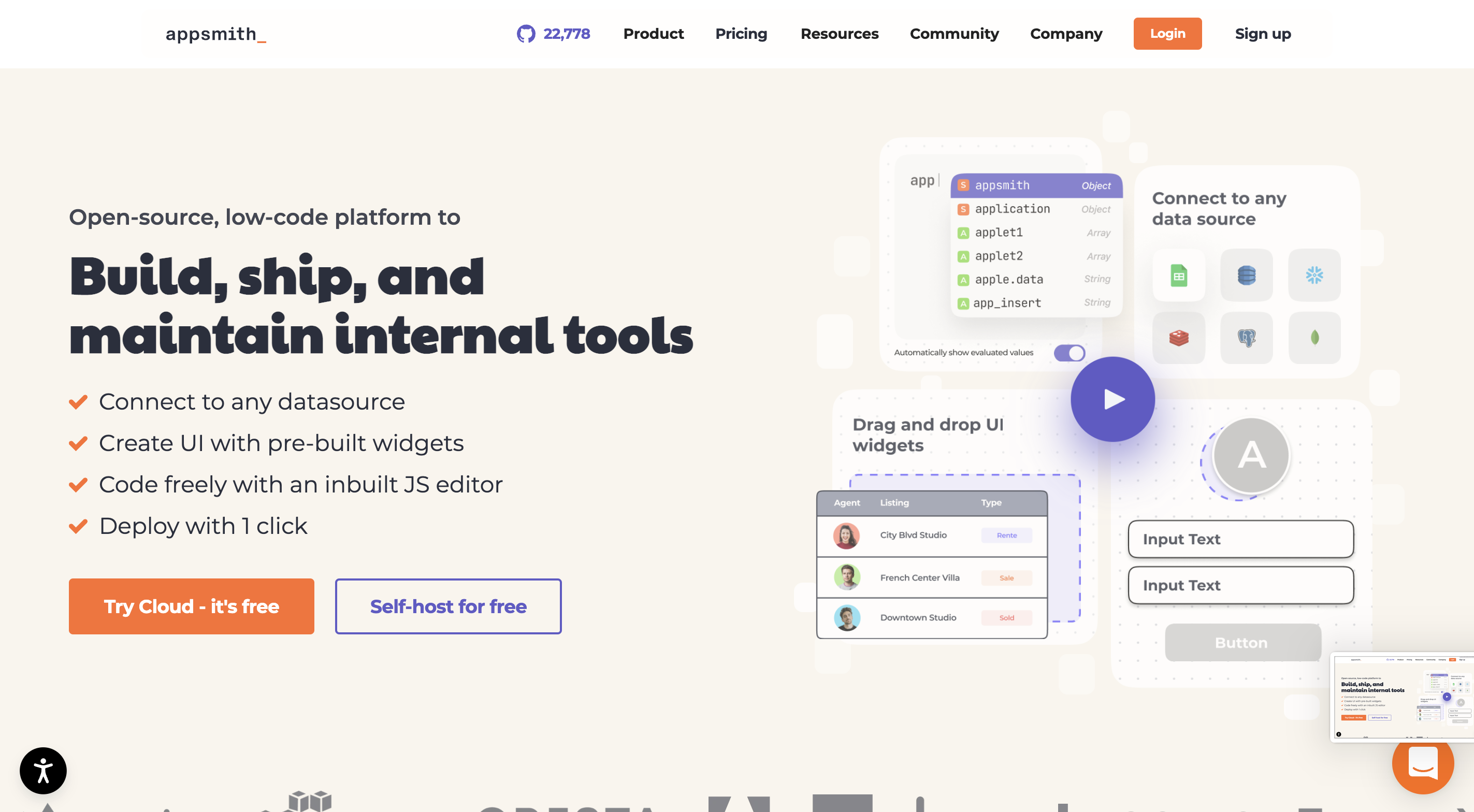 Appsmith home website : no code and open source