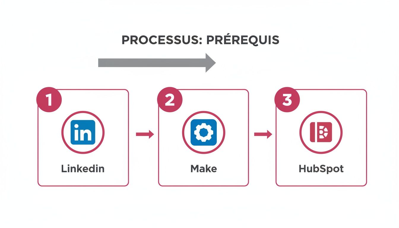 Un diagramme décrivant le processus de prérequis pour l'intégration de LinkedIn, Make et HubSpot avec des flèches.