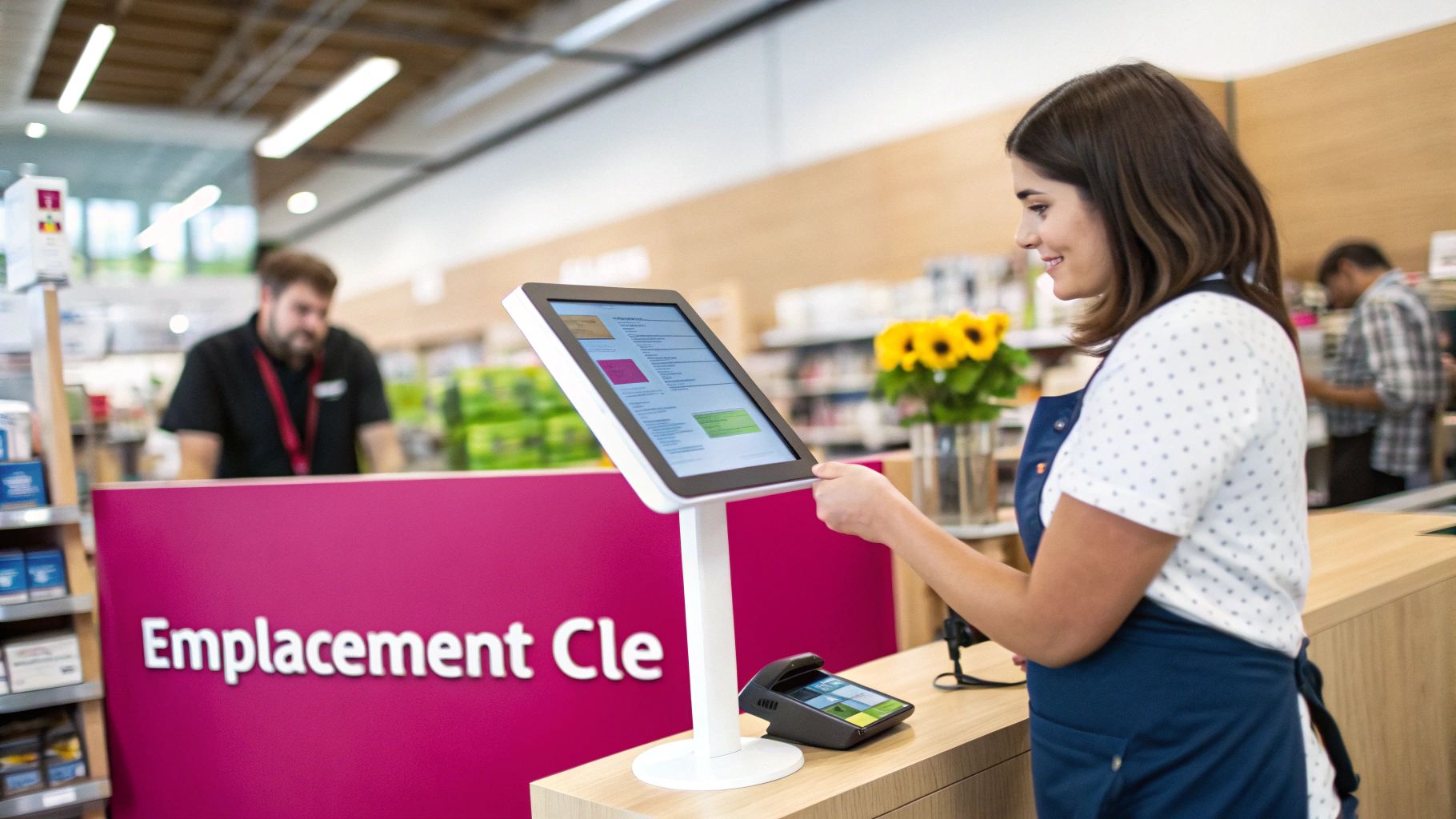 Une employée souriante interagit avec un kiosque numérique sur un comptoir dans un magasin de détail.