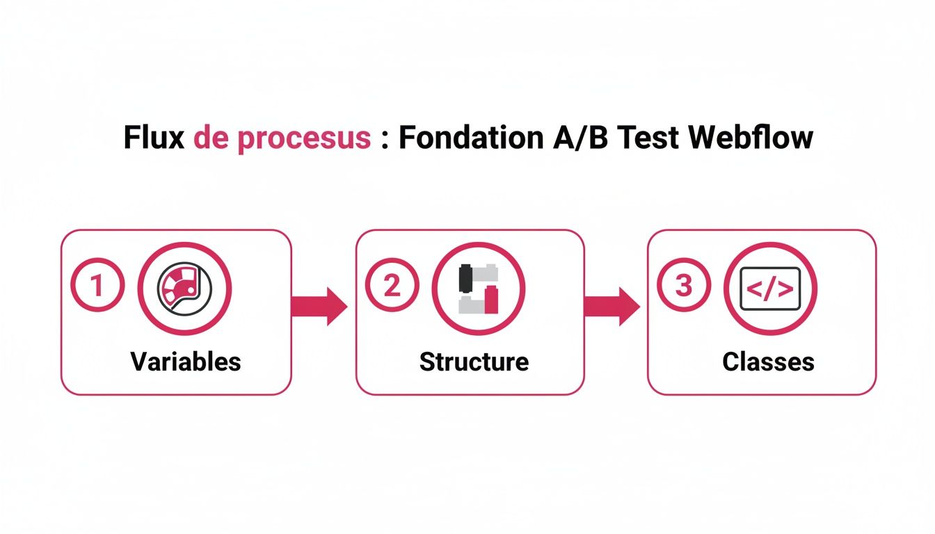 Diagramme illustrant les trois étapes clés de la fondation d'un test A/B Webflow : Variables, Structure, Classes.