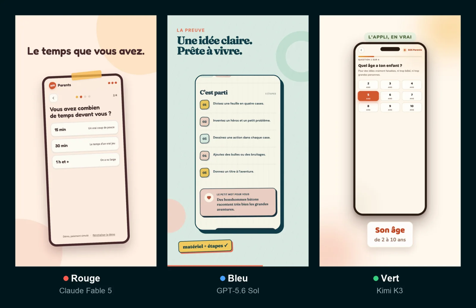 Les trois pubs vidéo SOS Parents montées en code par les IA : Rouge (Claude Fable 5), Bleu (GPT-5.6 Sol), Vert (Kimi K3)
