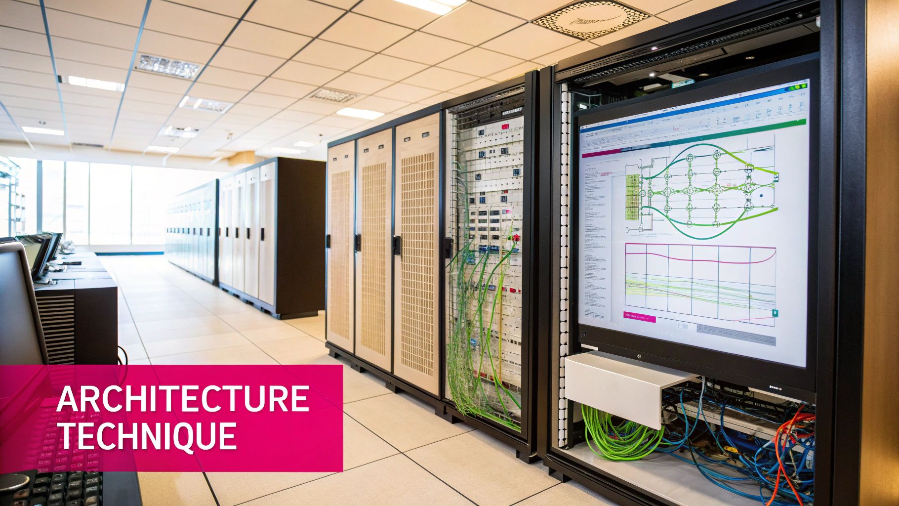 Personne dessinant une architecture applicative sur un tableau blanc