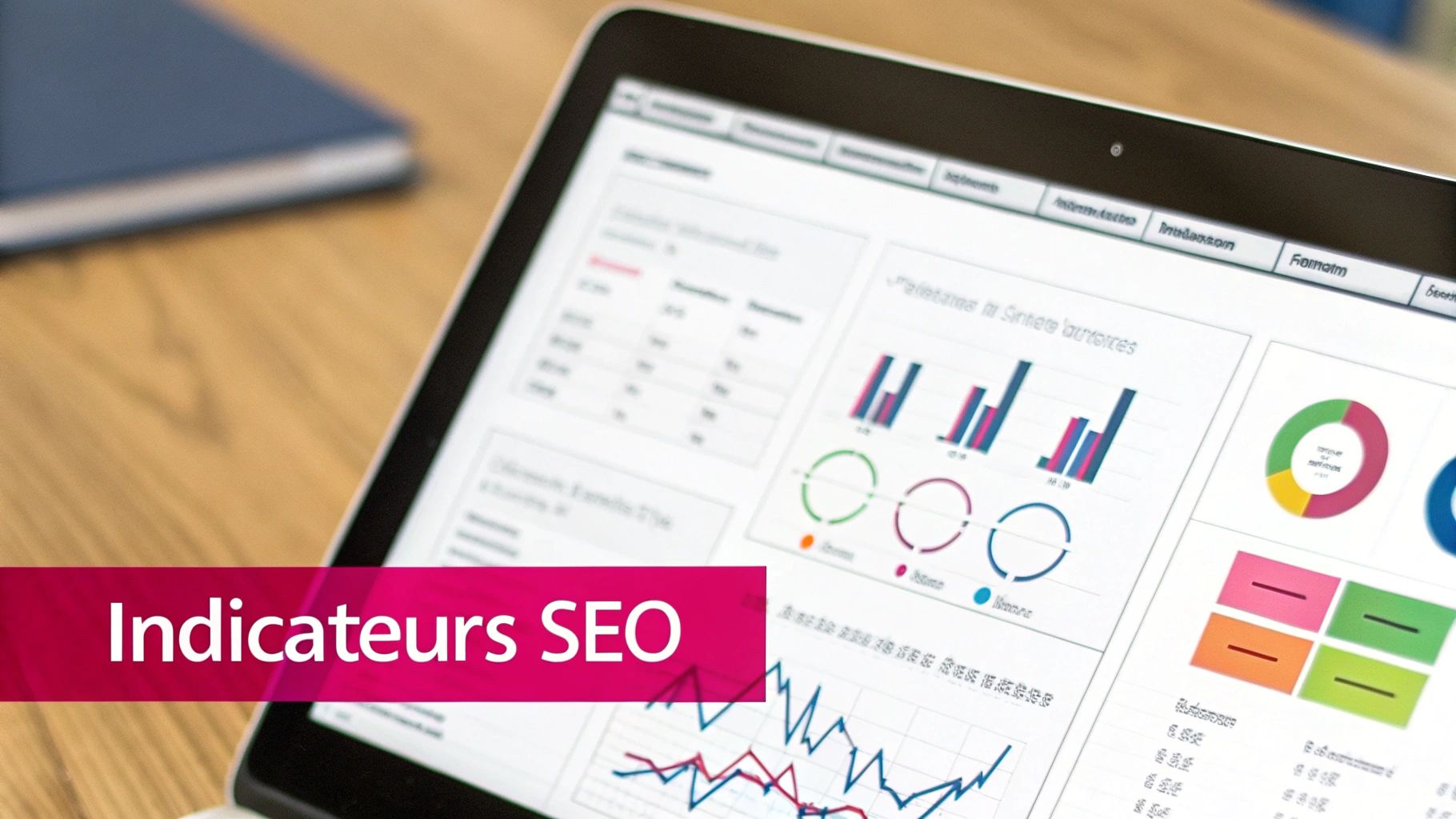 Un ordinateur portable affiche un tableau de bord numérique avec des graphiques et des indicateurs SEO clés.