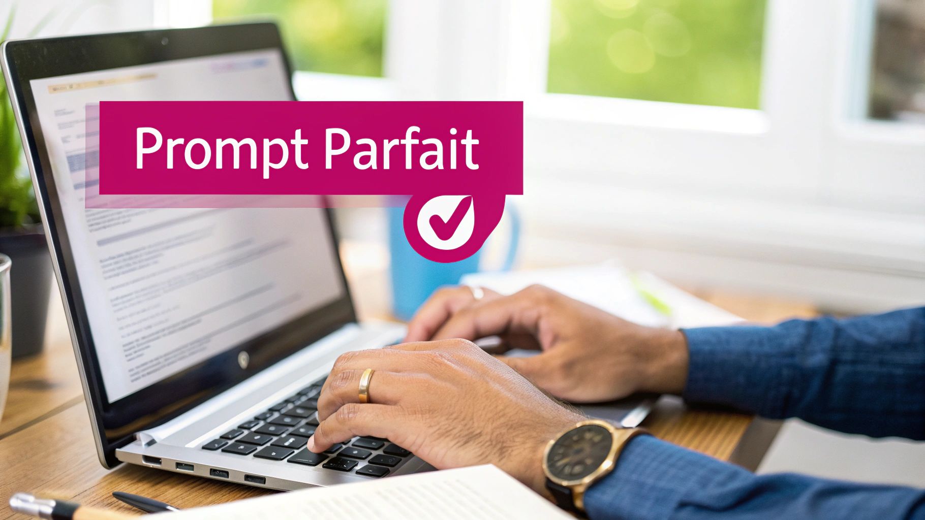 Personne tapant sur un ordinateur portable affichant "Prompt Parfait" et un logo coche, symbolisant l'efficacité et la précision.