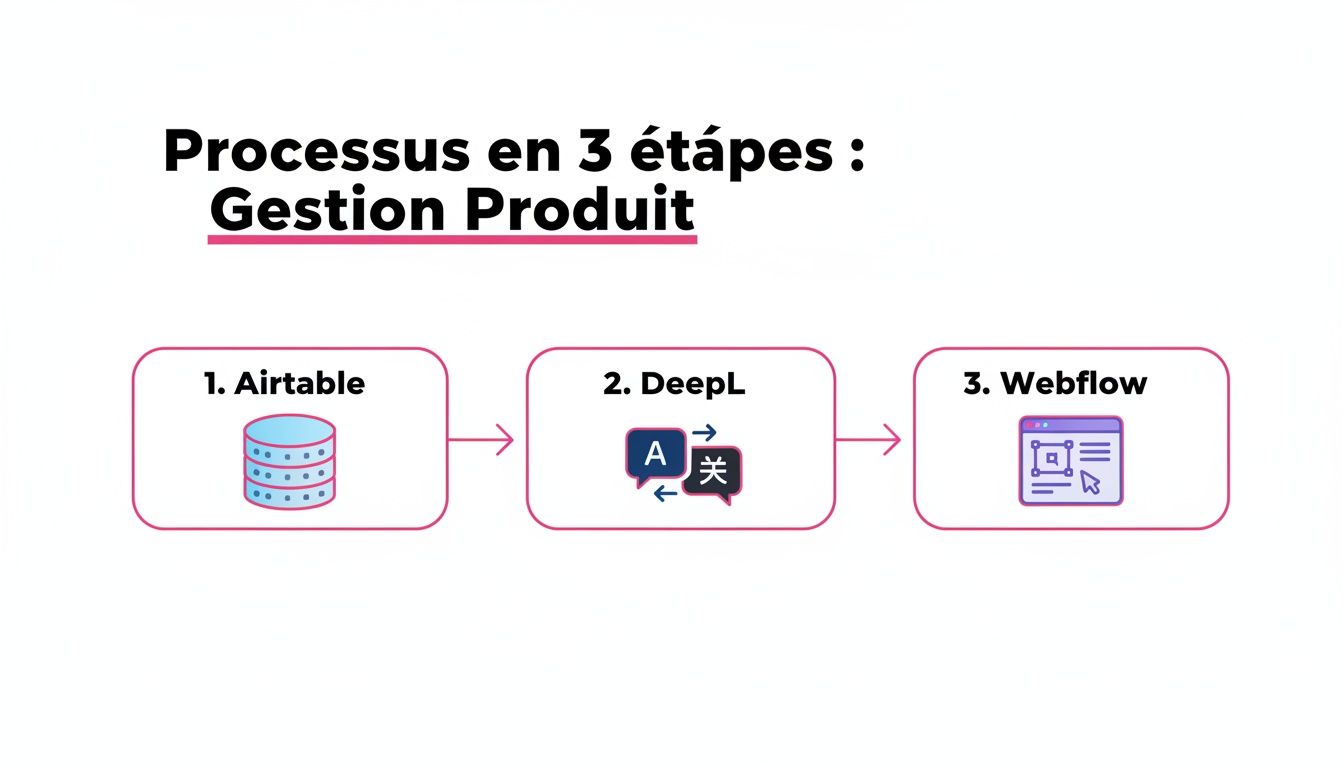 Diagramme visuel du processus de gestion produit en 3 étapes : Airtable, DeepL et Webflow.