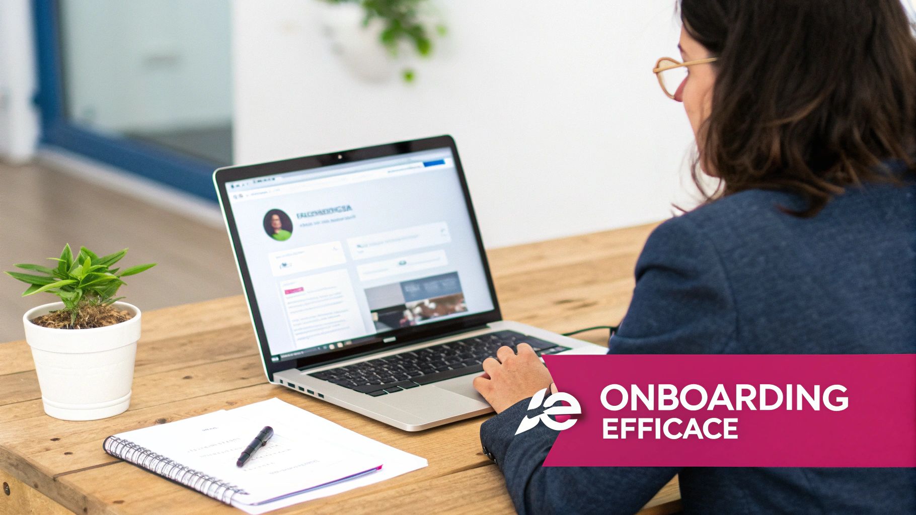 Une personne travaille sur un ordinateur portable affichant une page d'onboarding, avec un pot de fleur et un carnet sur un bureau en bois.