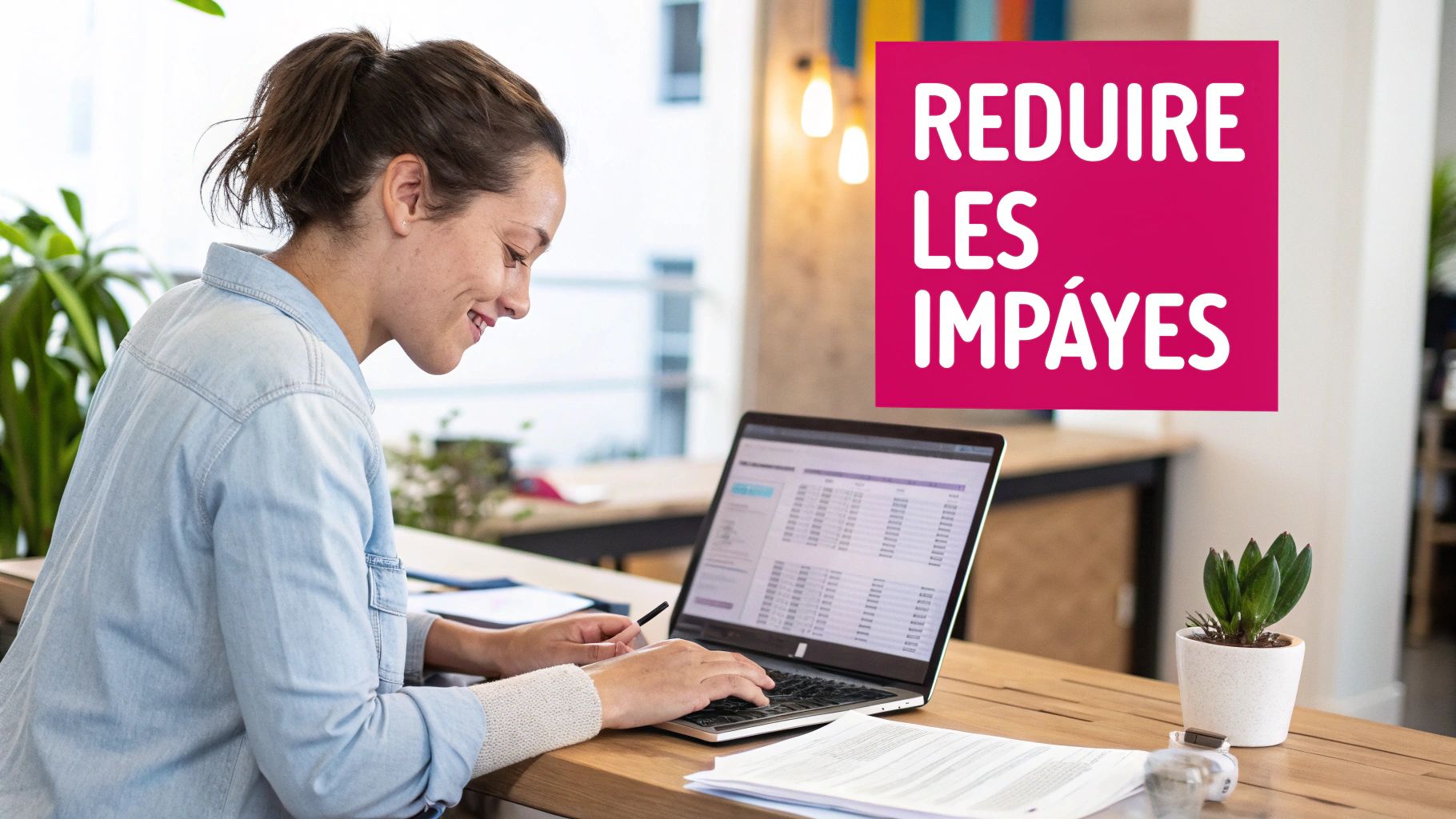 Femme souriante travaillant sur un ordinateur portable, avec le texte 'RÉDUIRE LES IMPAYÉS' en évidence.