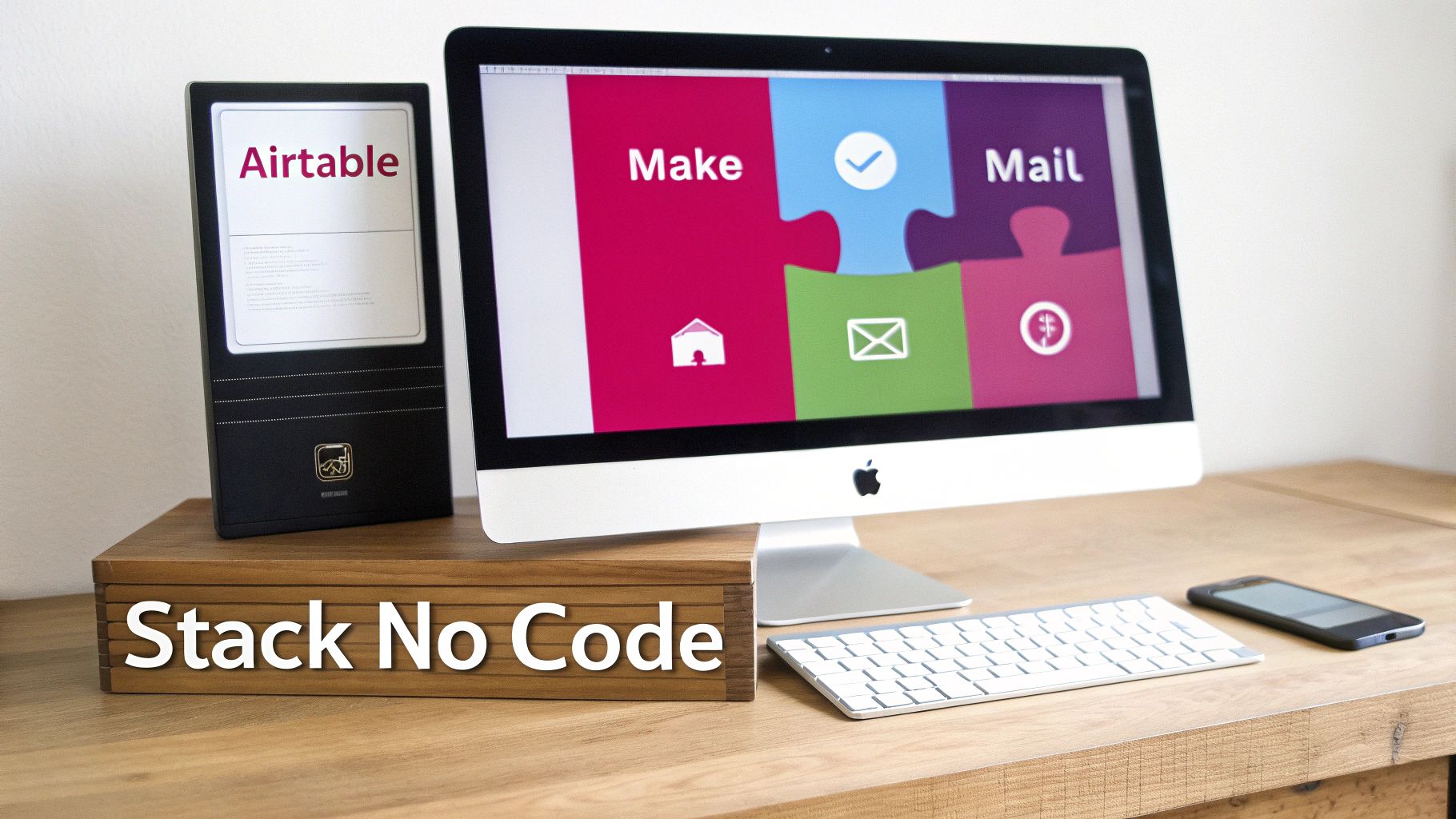 Espace de travail avec écran affichant des outils no-code pour automatisation et gestion d'emails
