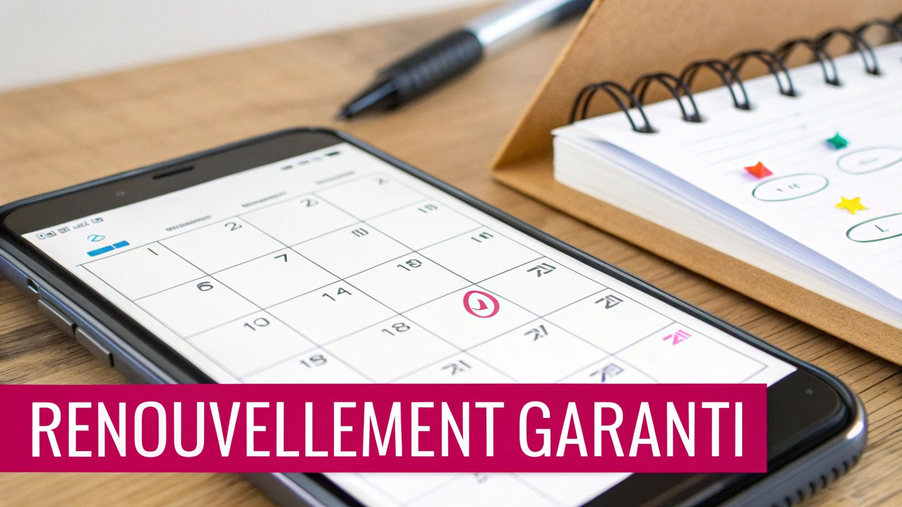 Un smartphone affichant un calendrier avec une date cerclée, à côté d'un carnet et d'un stylo, avec le texte 'Renouvellement garanti'.