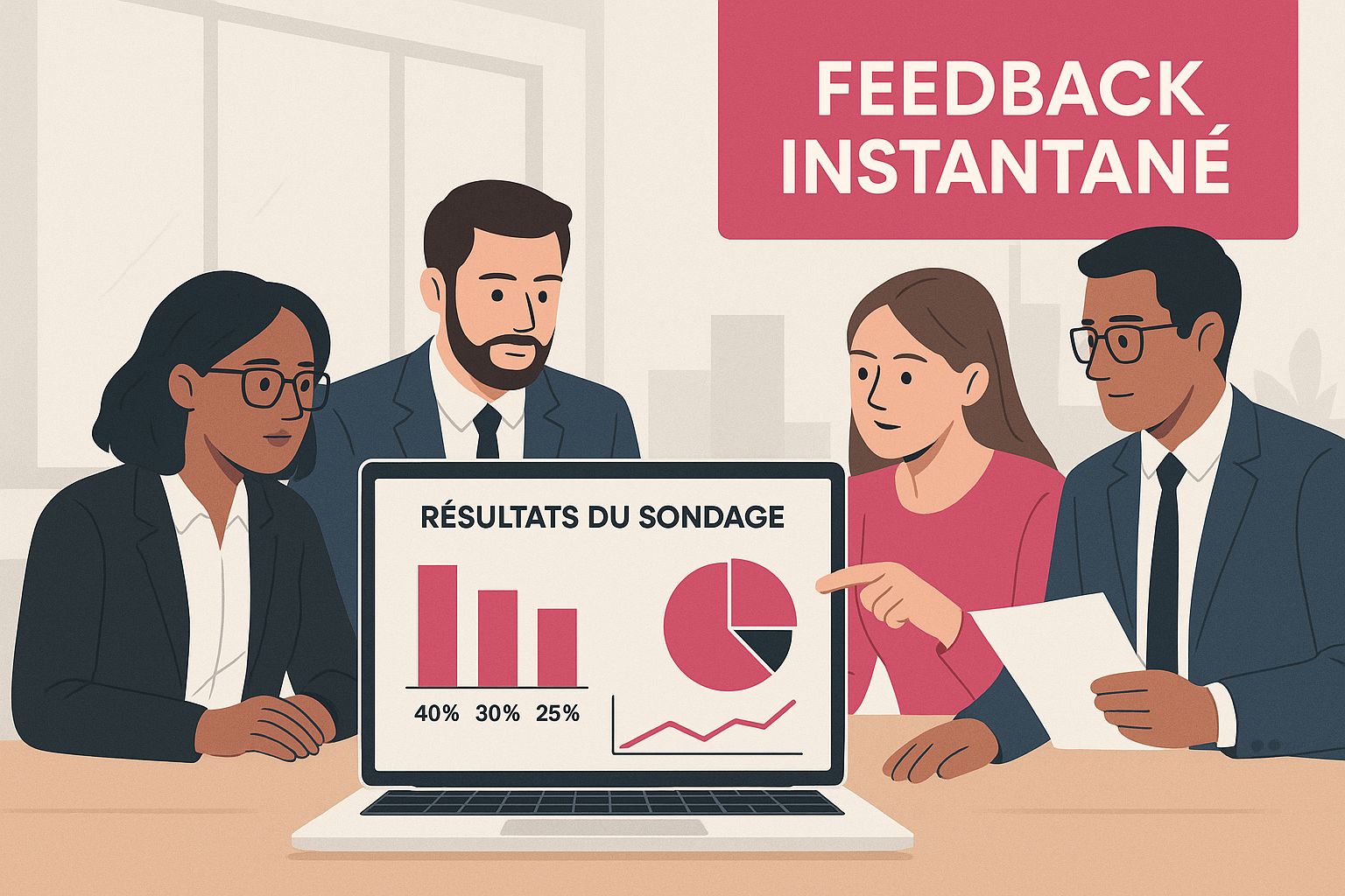 Infographie montrant une équipe de professionnels analysant des résultats de sondages sur un ordinateur portable, avec un bloc de texte indiquant 'Feedback Instantané'.