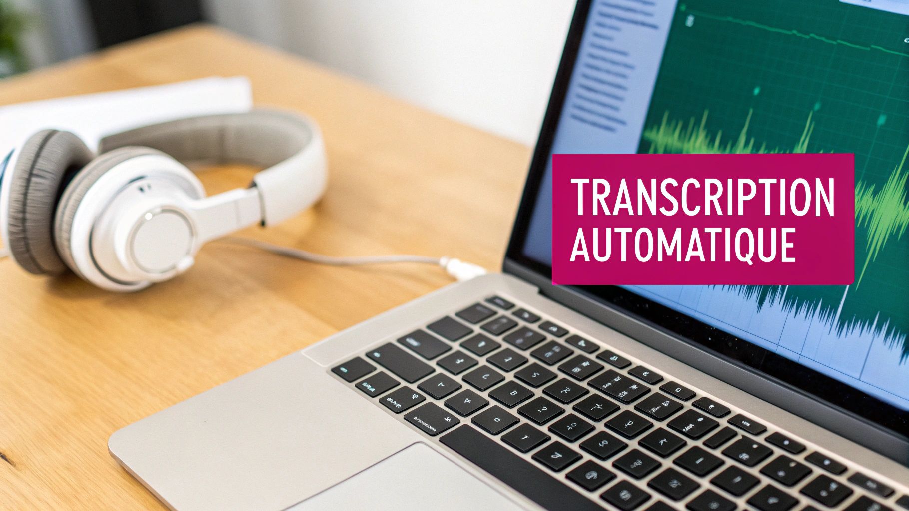 Ordinateur portable ouvert sur un bureau en bois, affichant une onde sonore et le texte 'Transcription Automatique' sur l'écran, avec des écouteurs blancs à côté.
