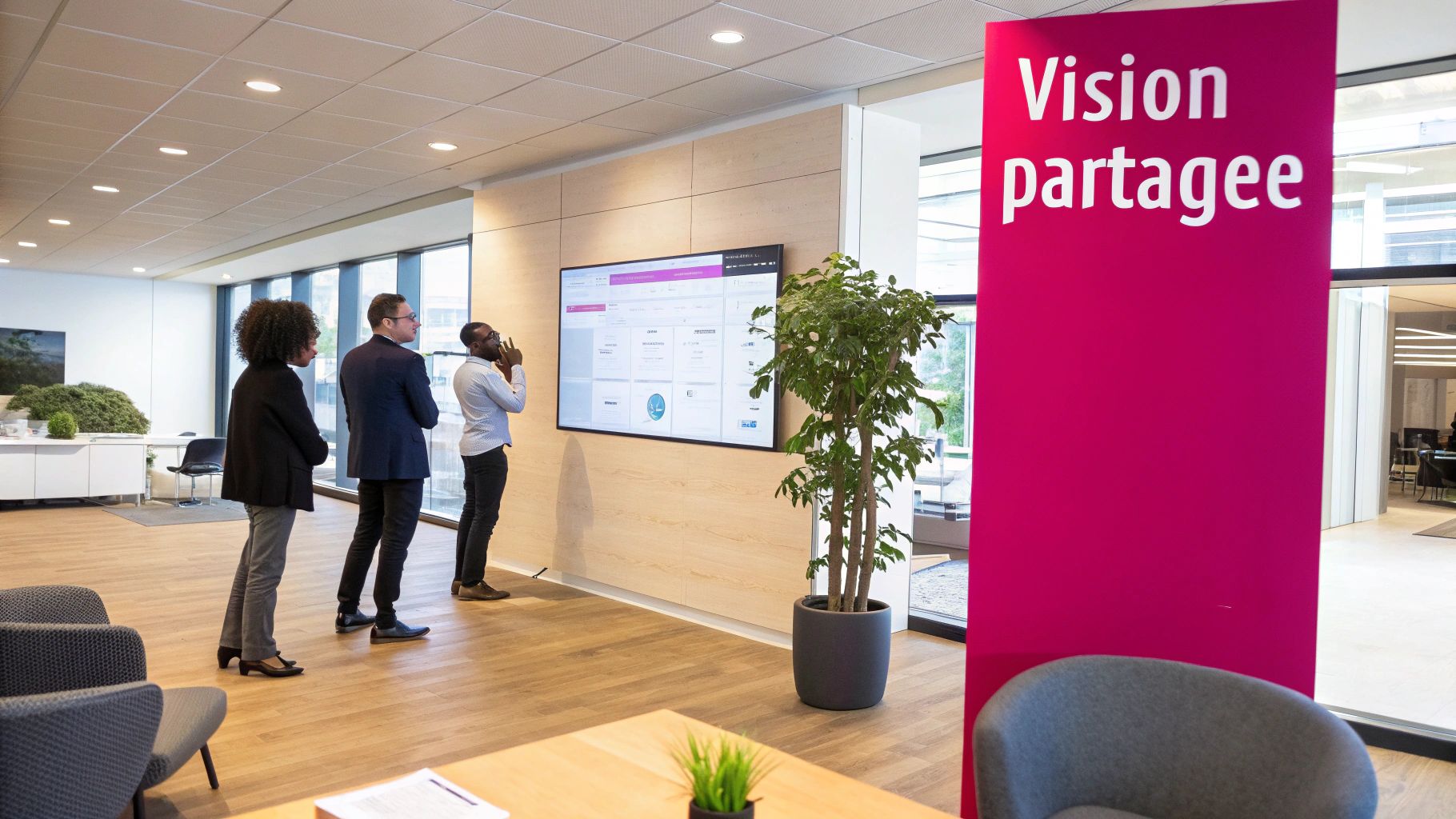 Équipes collaborant devant un grand écran affichant un tableau de bord OKR dans un bureau lumineux.