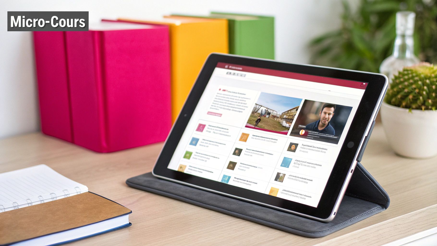 Une interface de création de cours montrant une vidéo suivie d'un quiz interactif sur un ordinateur.