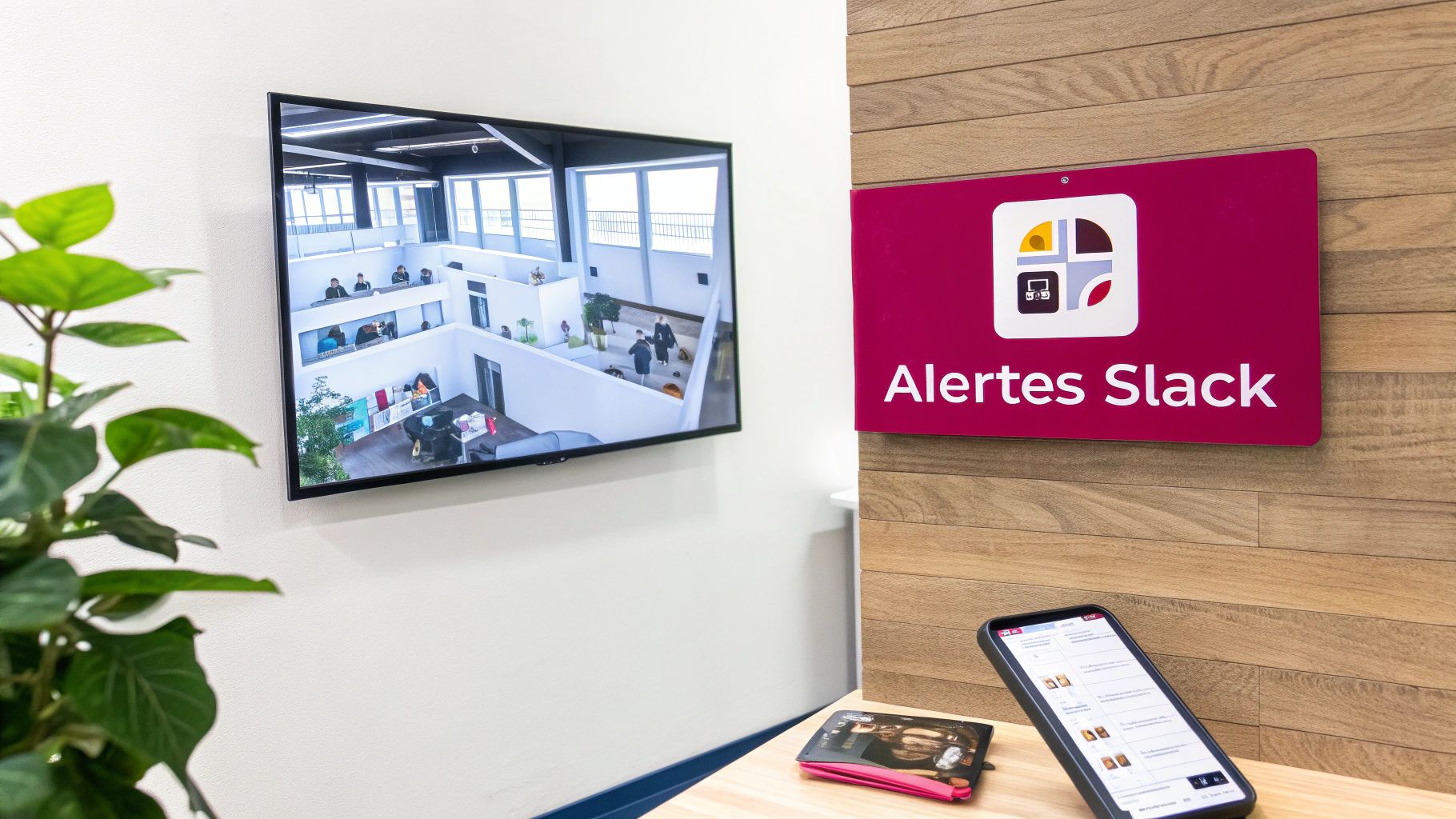 Intérieur de bureau moderne avec écran affichant un plan d'étage, panneau 'Alertes Slack' et smartphone sur une table en bois.