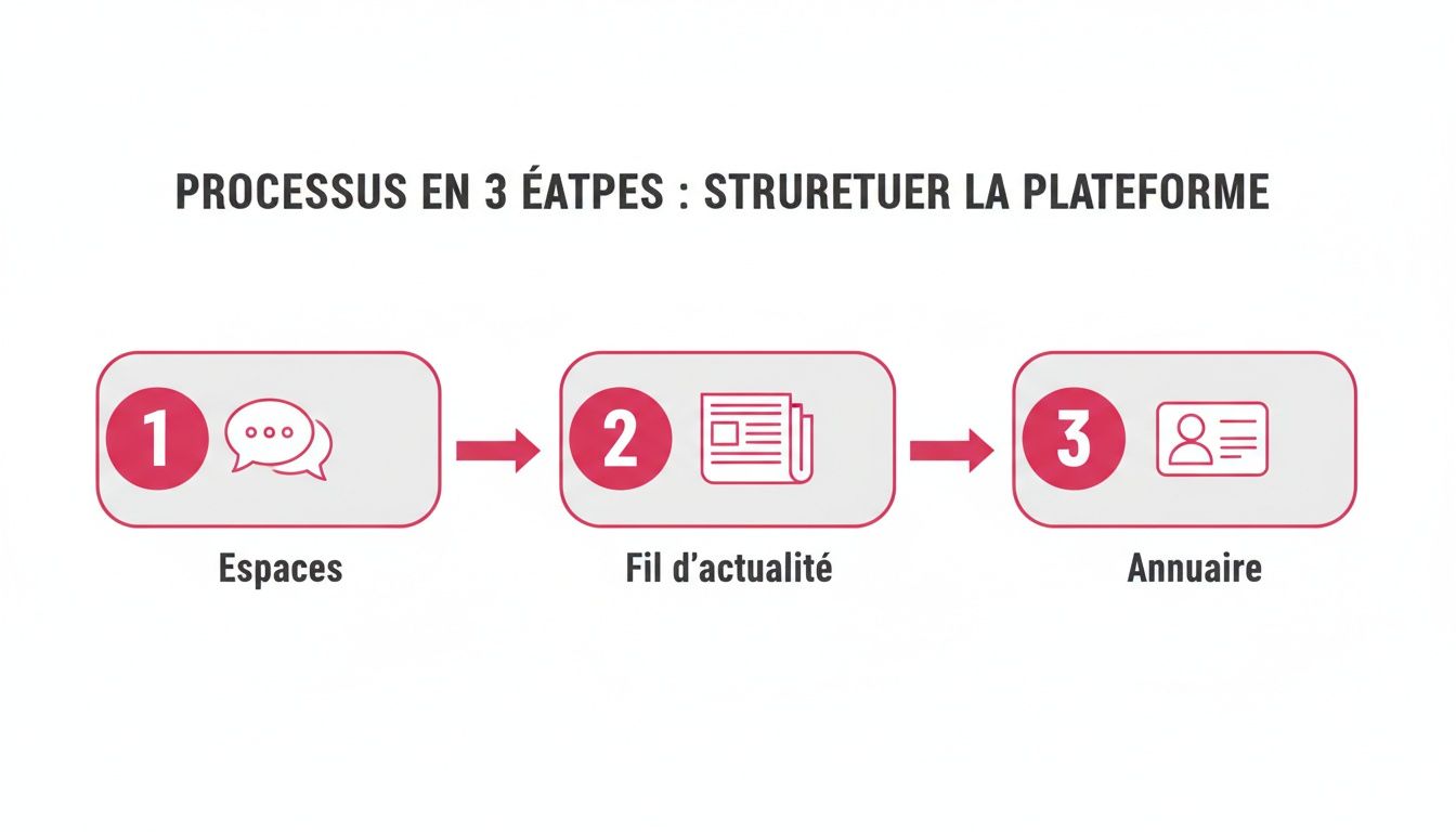 Infographie présentant un processus en 3 étapes pour structurer une plateforme : Espaces, Fil d'actualité, Annuaire.