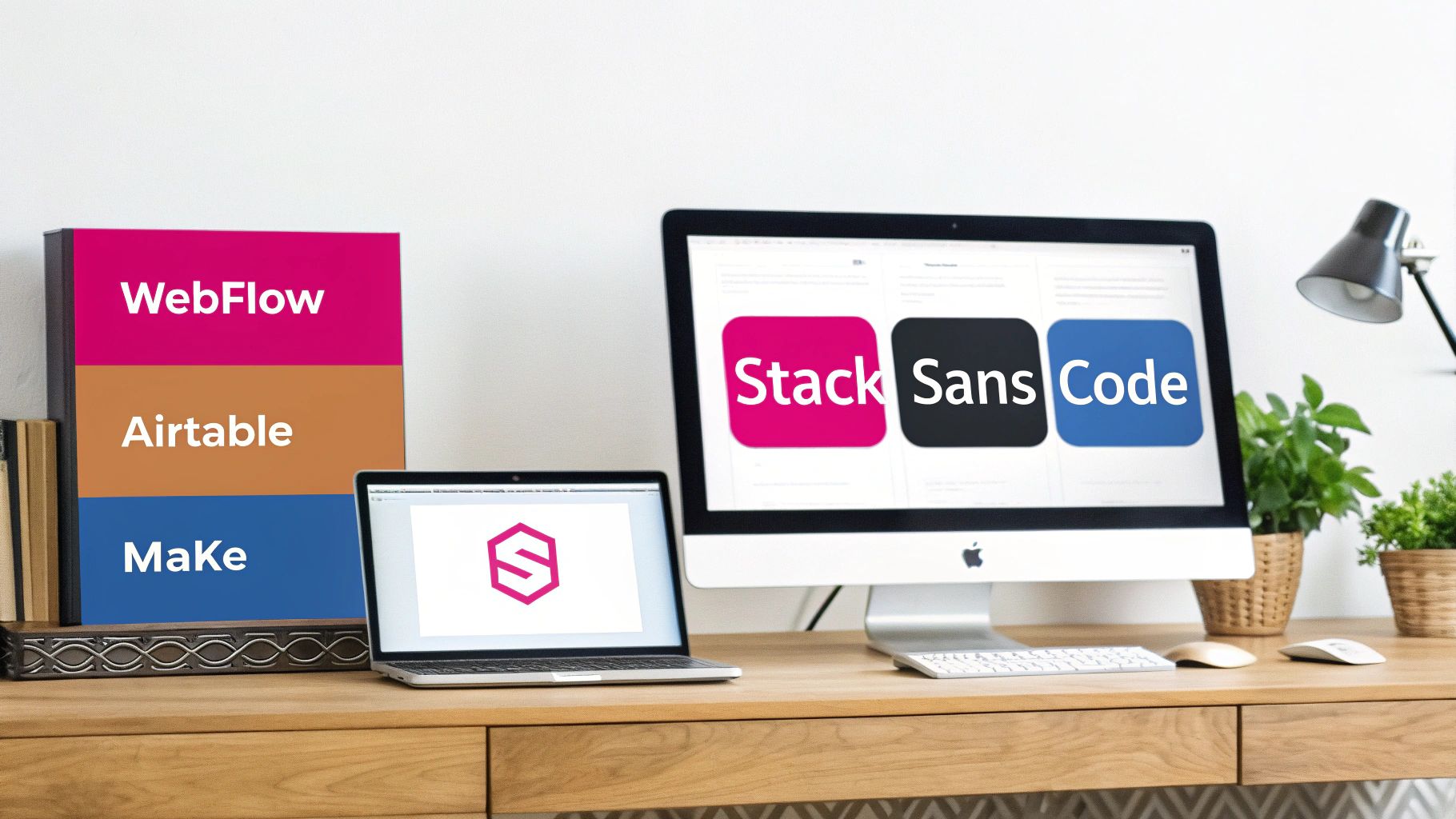 Un bureau moderne avec un écran d'ordinateur affichant des plateformes sans code, un ordinateur portable et des livres de technologies.