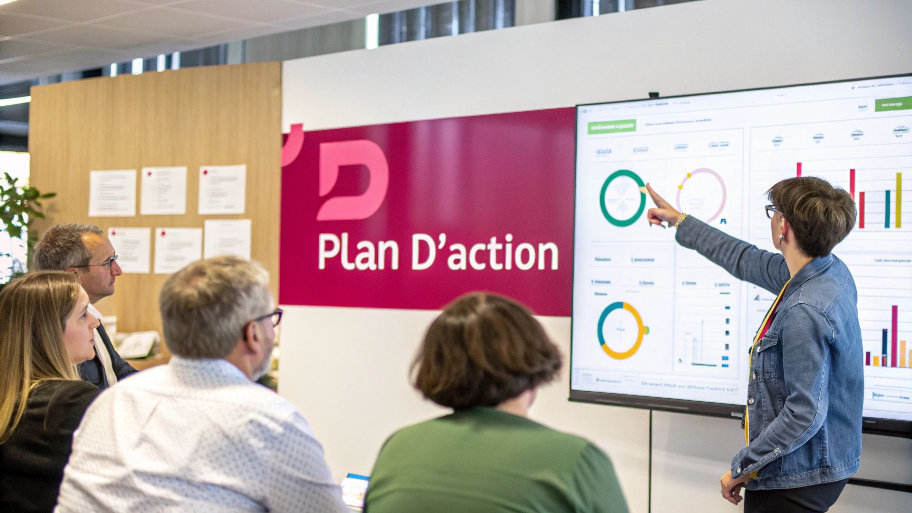 Une femme pointe un tableau de bord de données sur un écran lors d'une réunion de planification d'action.