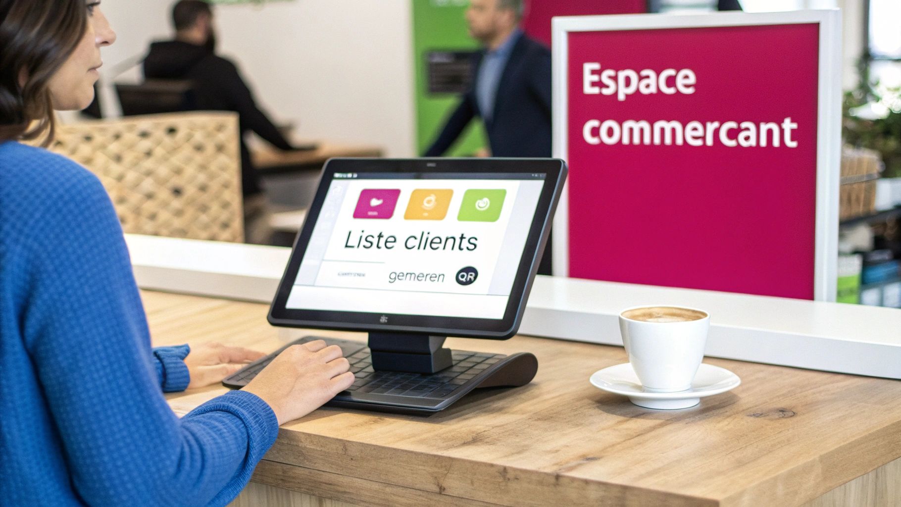 Une femme utilise une application mobile de fidélité client sur une tablette tactile dans un espace commerçant.