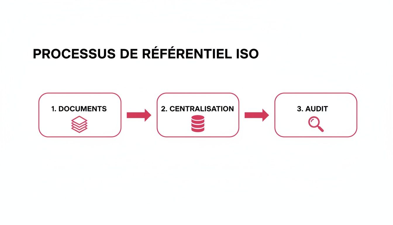 Diagramme du processus de référentiel ISO en trois étapes: documents, centralisation des données et audit.