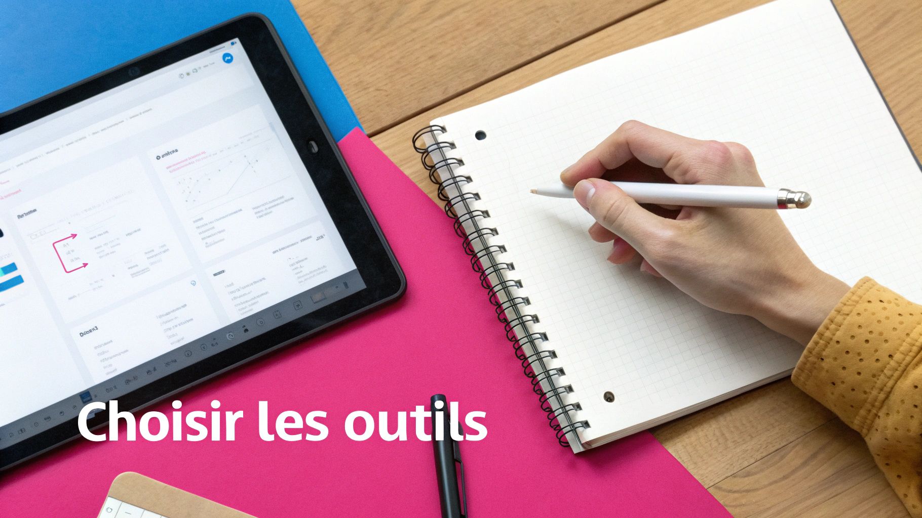 Main écrivant dans un cahier à spirale avec tablette et stylet pour choisir les bons outils de travail