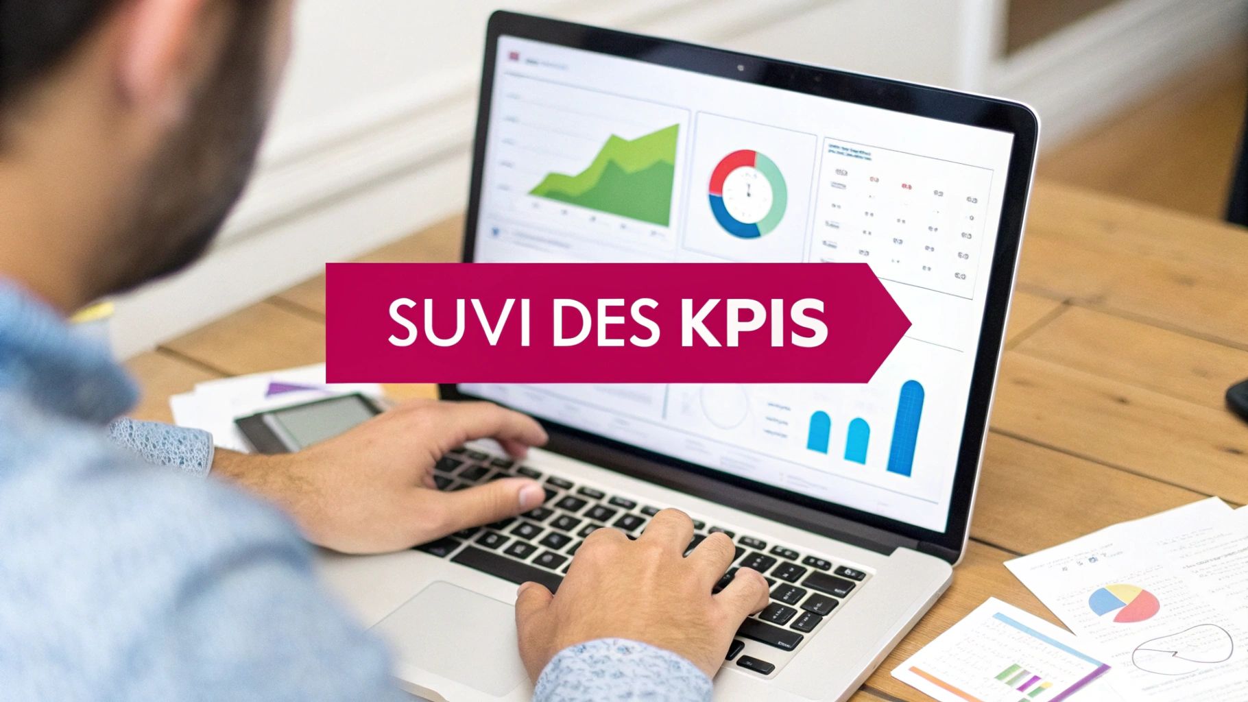 Professionnel consultant un tableau de bord KPIs avec graphiques et données de performance sur ordinateur portable