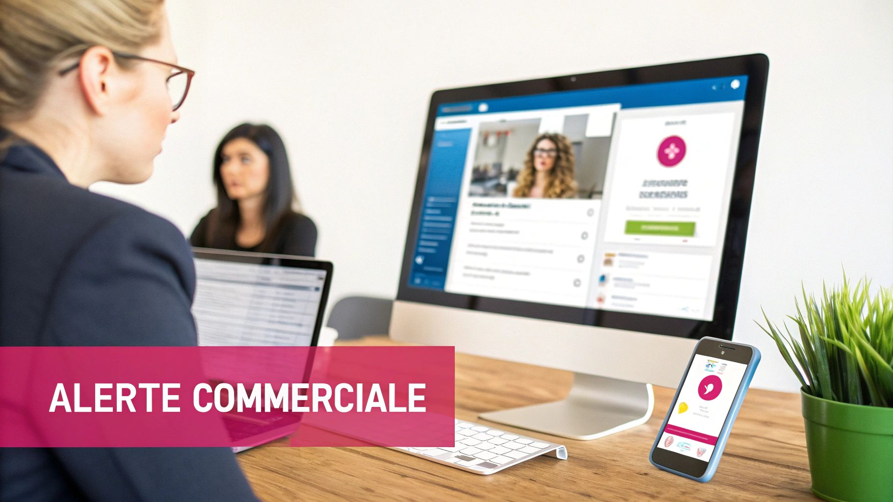 Deux professionnelles travaillant sur des ordinateurs avec des profils clients affichés et une alerte commerciale.