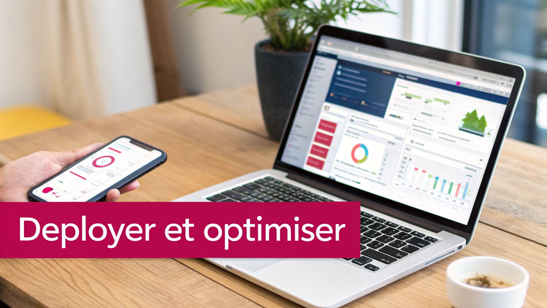 Main tenant un smartphone avec des graphiques, près d'un ordinateur portable affichant des tableaux de bord pour déployer et optimiser des solutions.