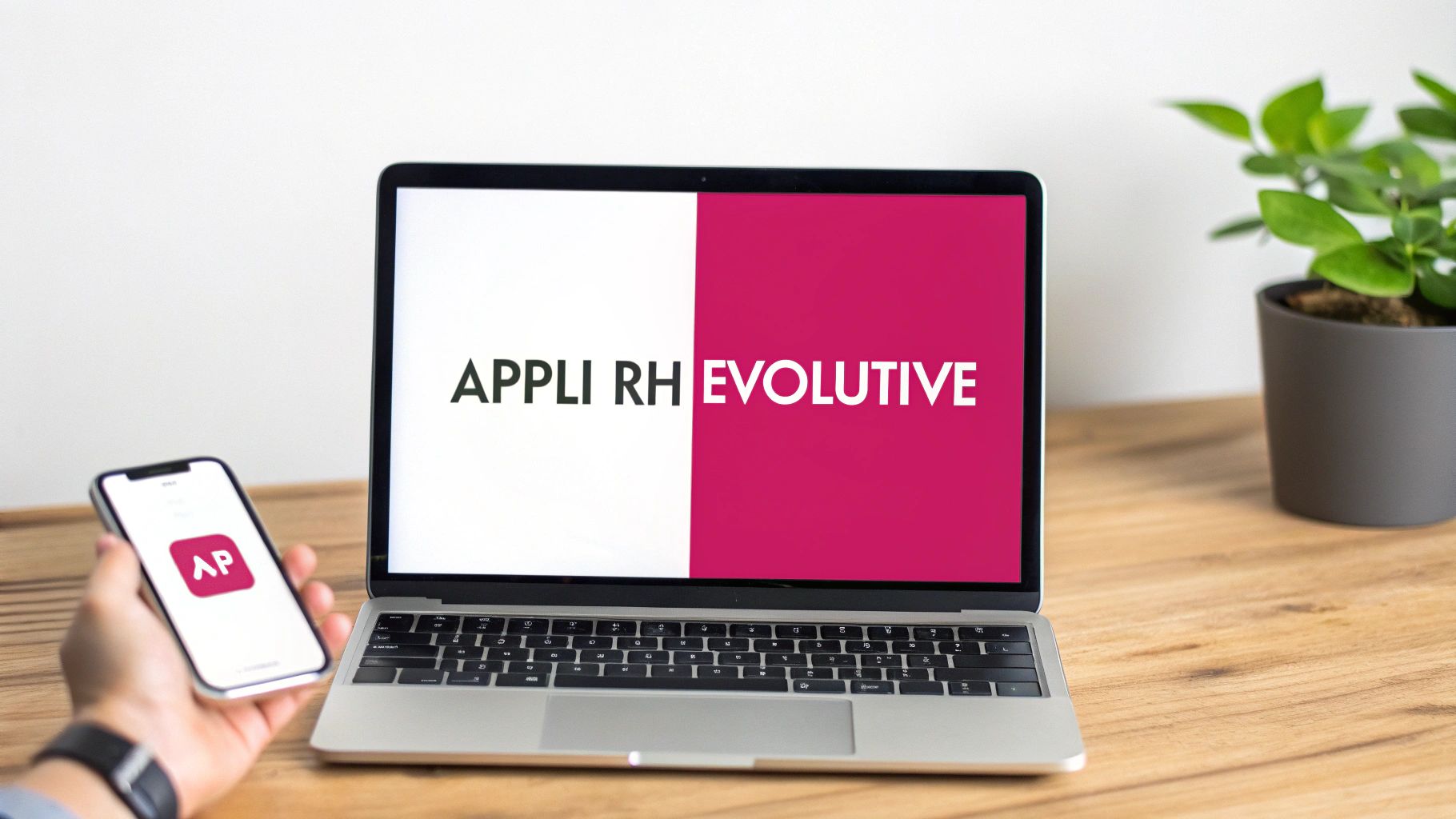 Un homme tient un smartphone devant un ordinateur portable affichant une application RH sur un bureau en bois.