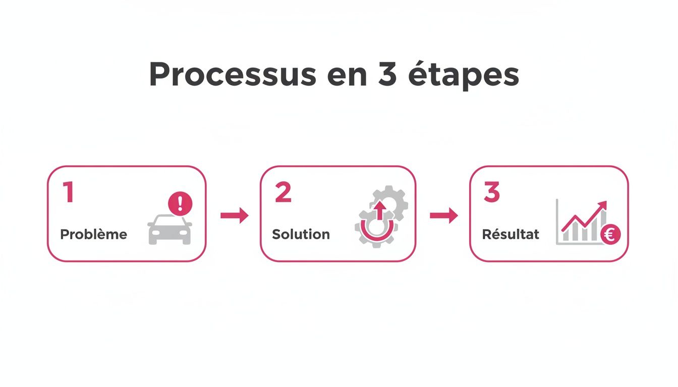 Diagramme montrant un processus en 3 étapes: problème de véhicule, solution via des engrenages, et résultat financier positif.
