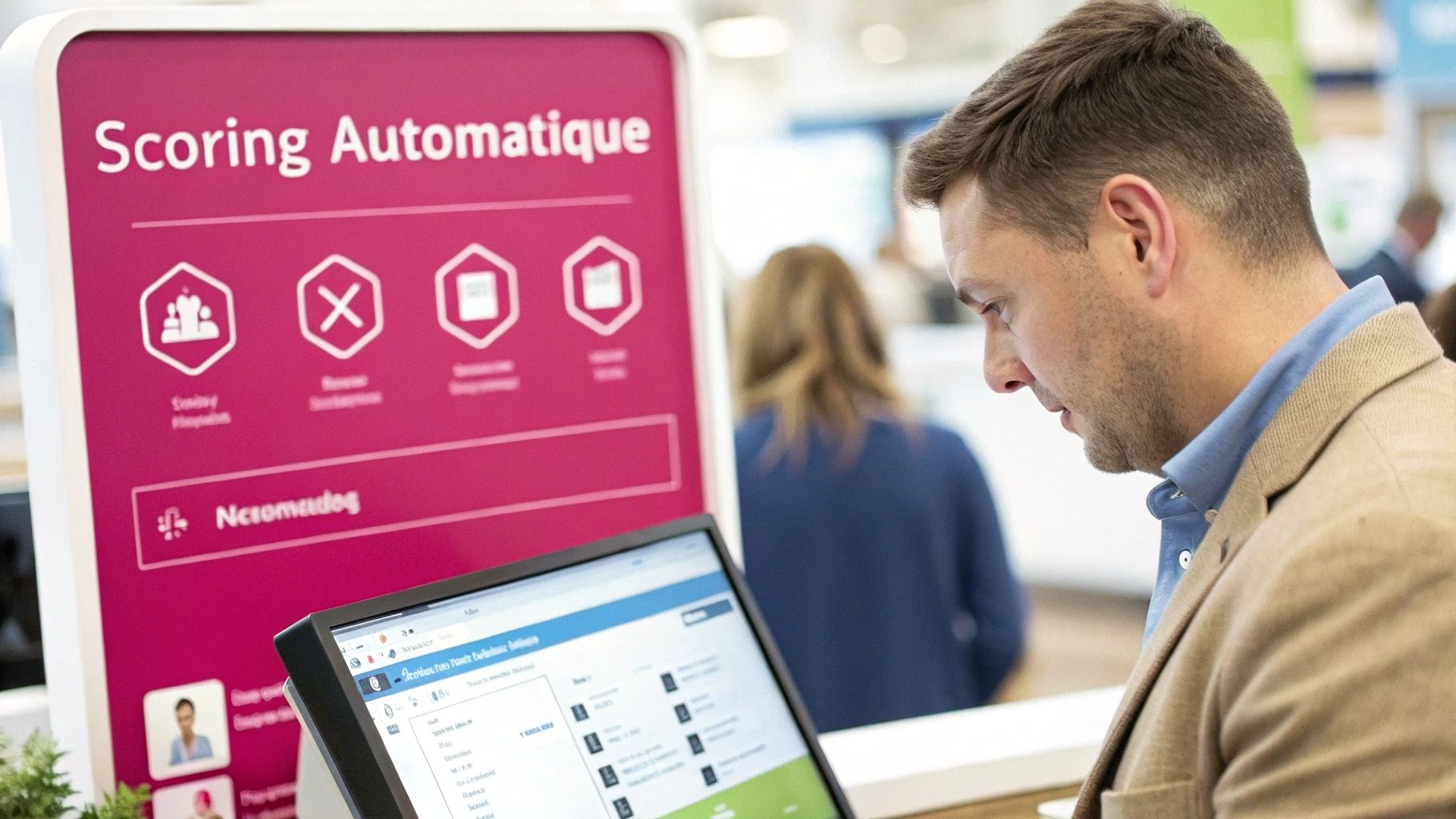 Un homme interagit avec un écran tactile devant un panneau affichant "Scoring Automatique" dans un environnement professionnel.