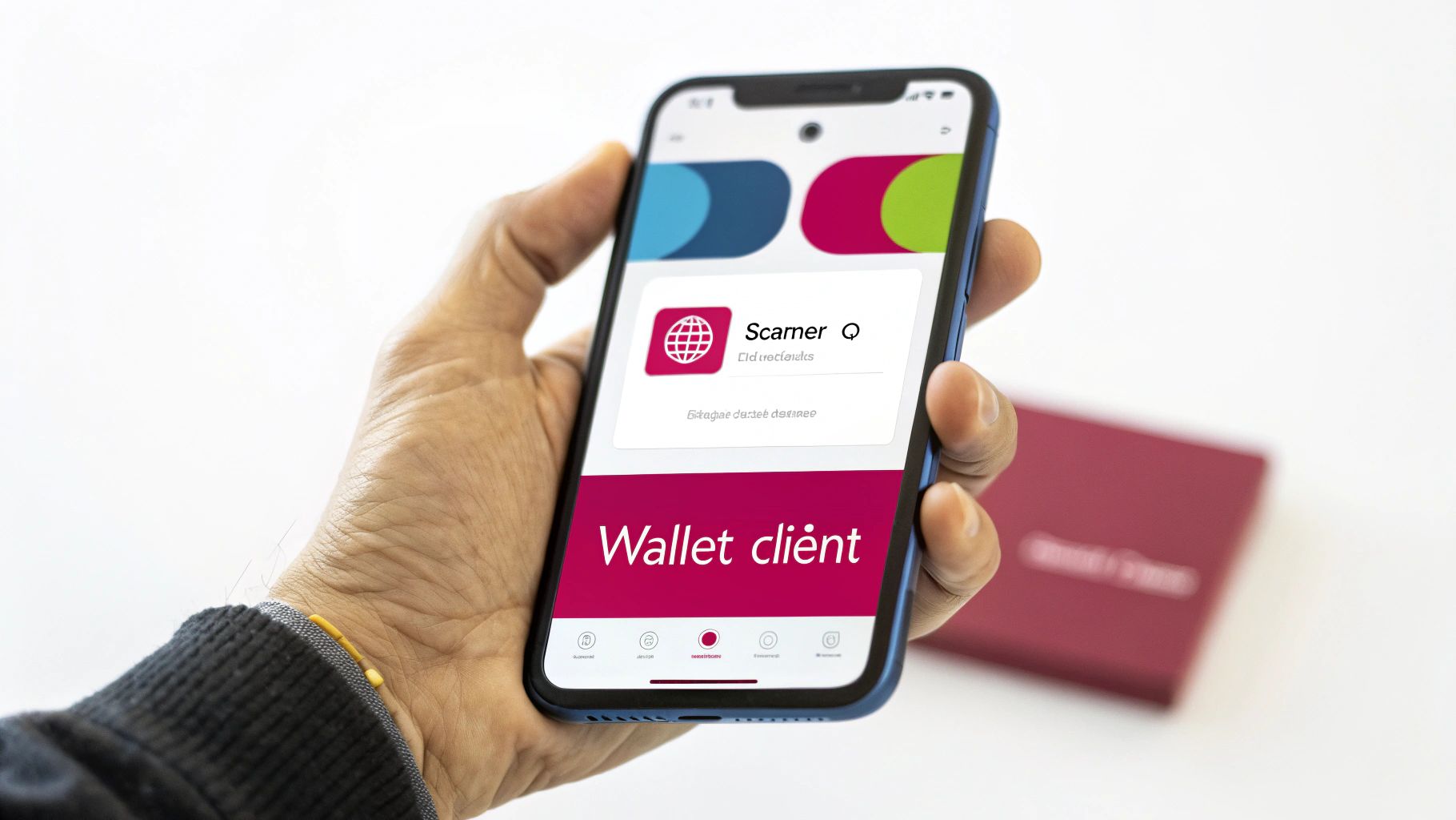 Main tenant un smartphone affichant une application mobile de portefeuille client et scanner, avec un passeport flou.