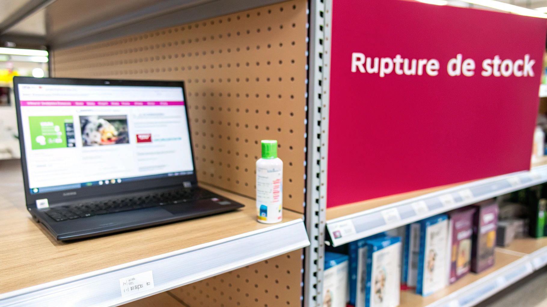 Vue d'une étagère de magasin avec un ordinateur, une petite bouteille et un panneau indiquant une rupture de stock.